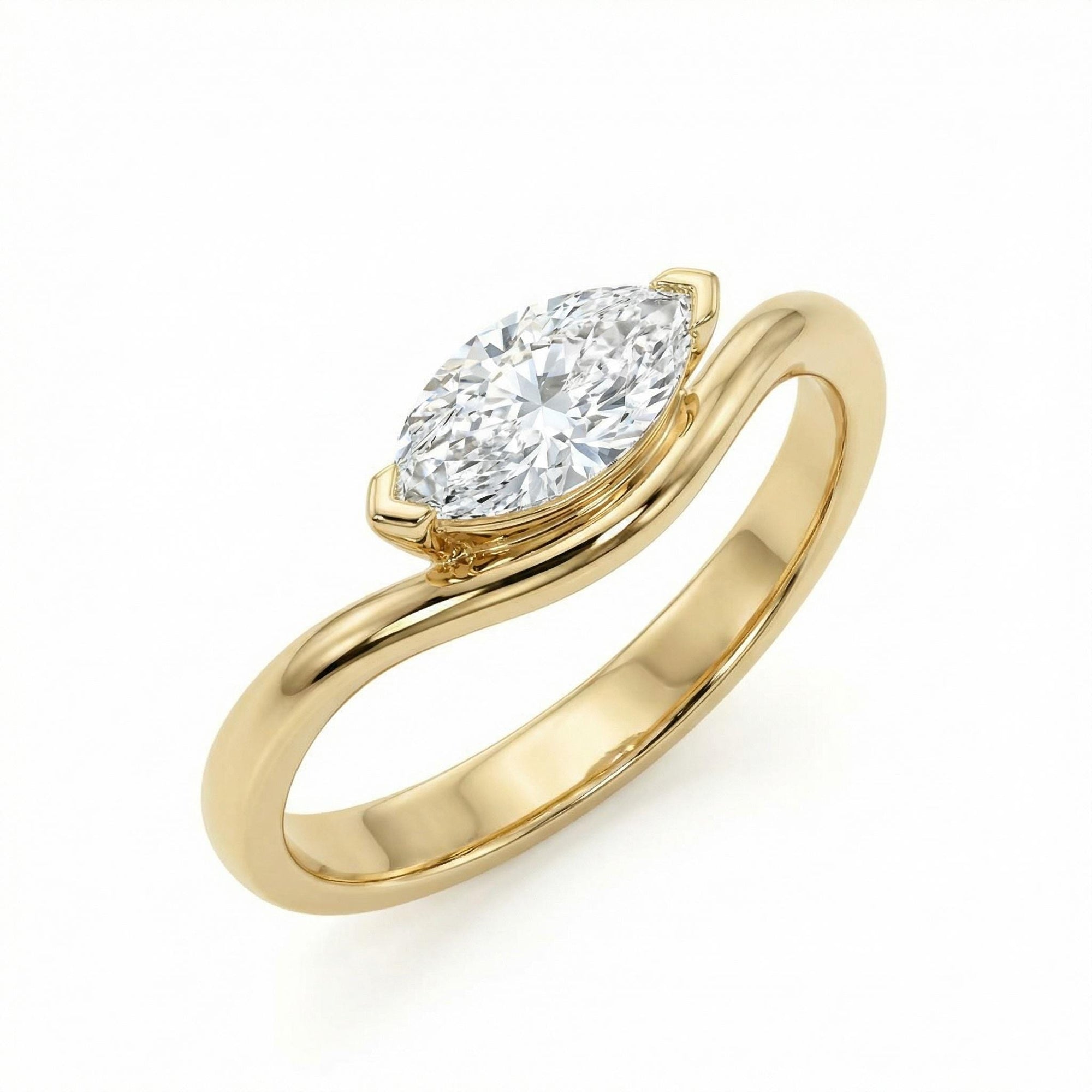 Marquise Moissanite Wavy Band Ring 14k Gold, LILY Minimalist Engagement Ring - Melt'm Jewelry