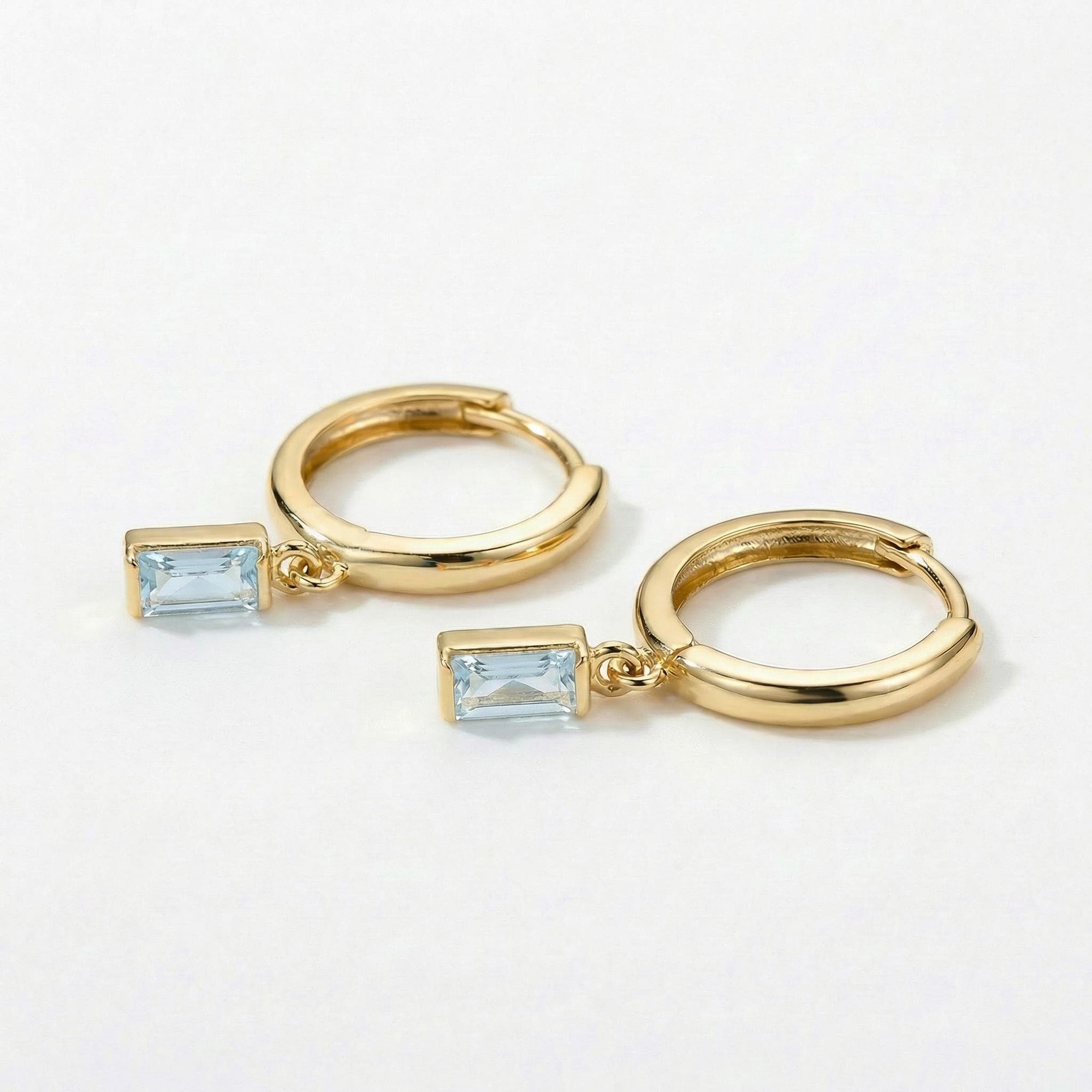 14k Gold Aquamarine Earrings, Baguette Aquamarine Dangle Hoop Earrings
