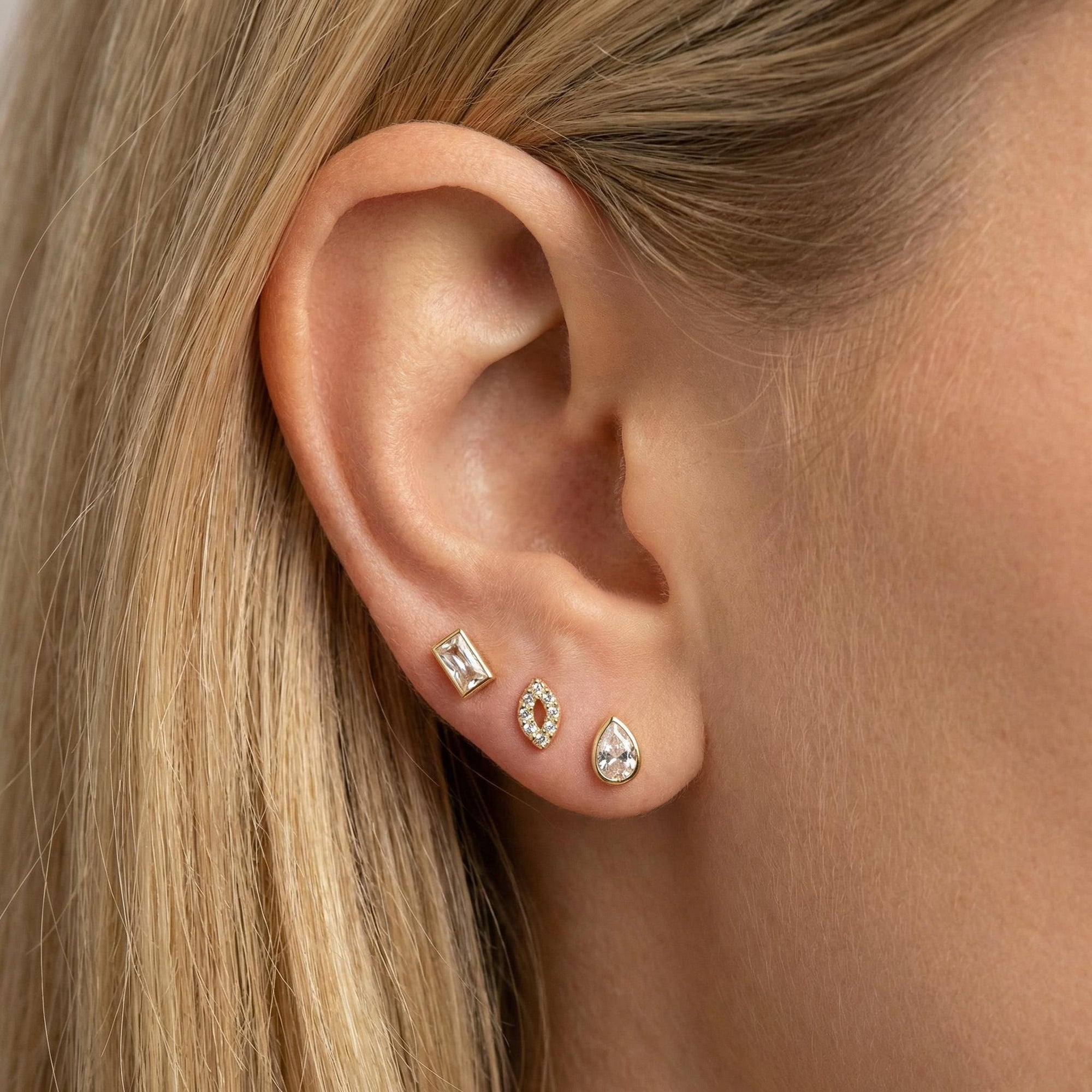 Pear CZ Bezel Set Flat Back Earrings 14k Solid Gold (single or pair)