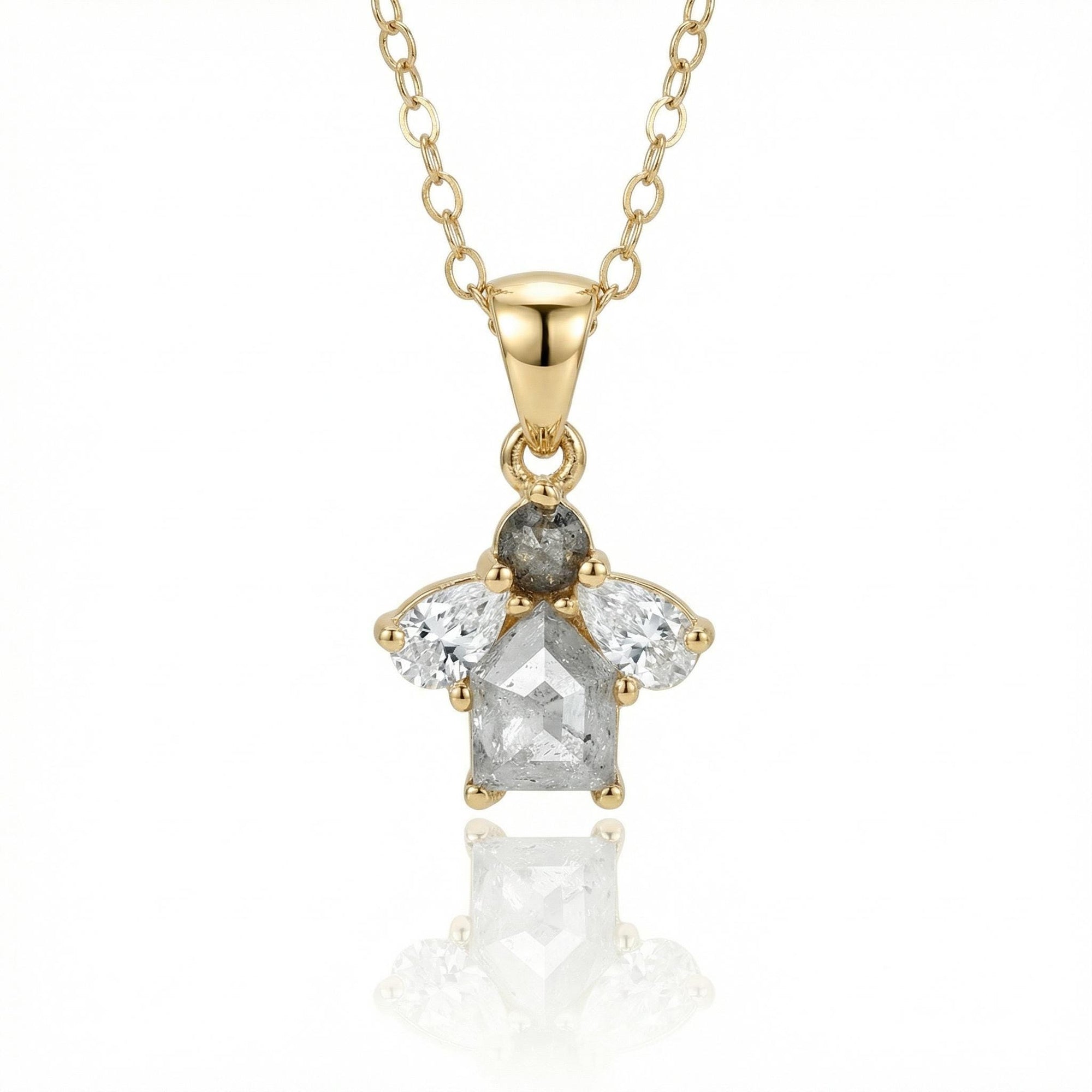 14K Solid Gold Salt and Pepper Diamond Cluster Necklace with Pear Moissanites - Melt'm Jewelry
