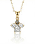 14k solid gold cluster necklace featuring a center rose cut salt and pepper diamond surrounded by pear-shaped moissanites on a white background.