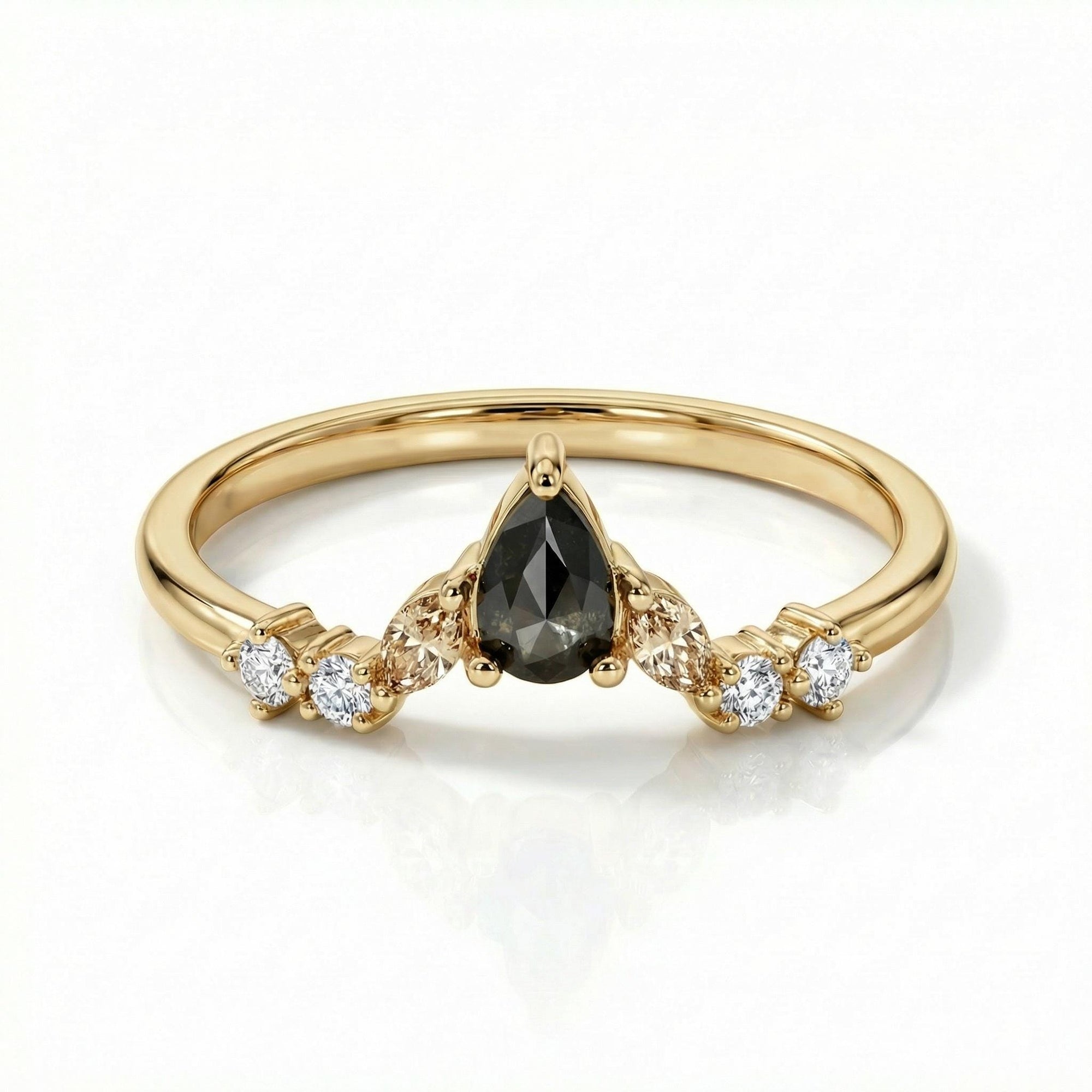 Rose Cut Pear Shape Salt and Pepper Diamond Ring 14k Yellow Gold - Melt'm Jewelry