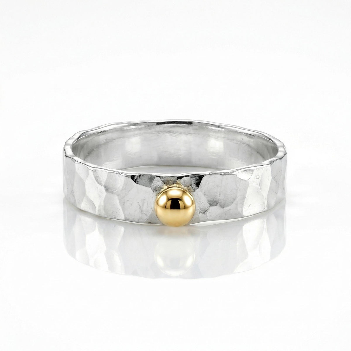 Hammered sterling silver ring with 14k gold dot accent, mixed metal stacking band, minimalist silver ring for everyday wear