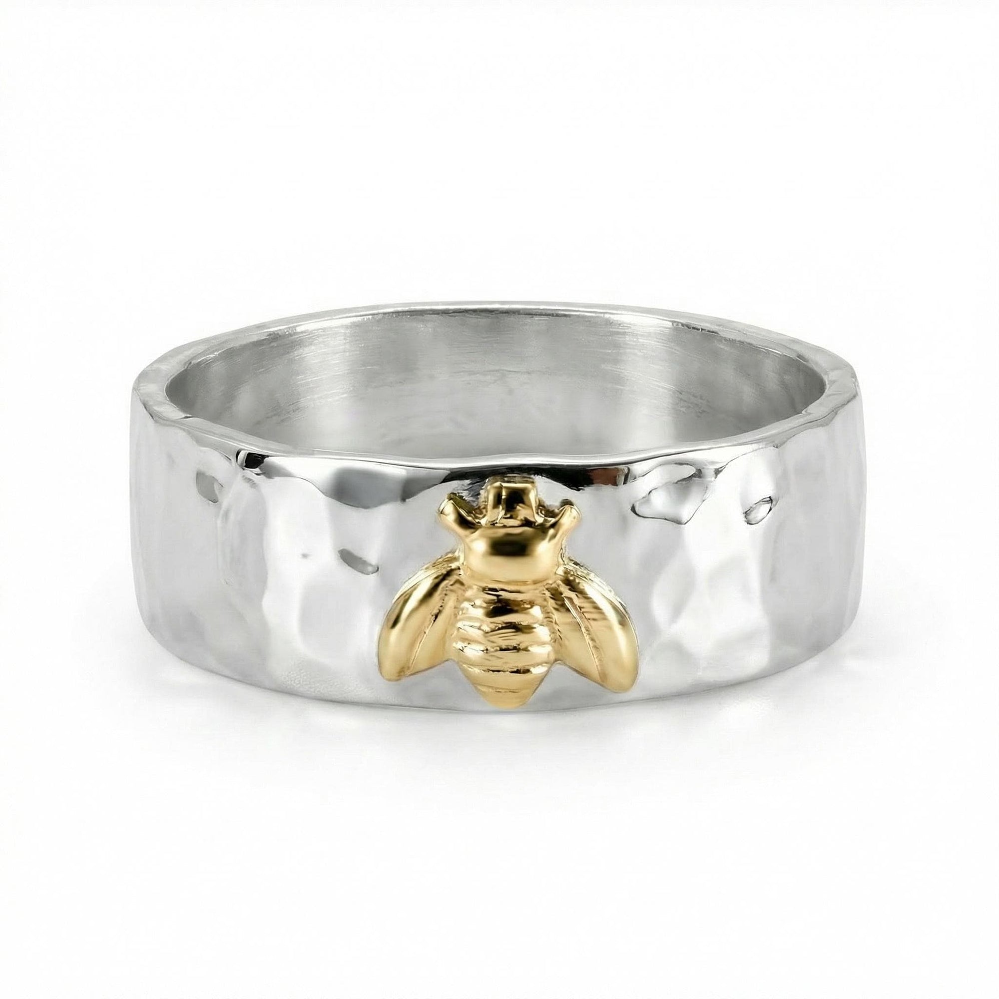 Honey Bee Ring, Sterling Silver Hammered Band and Gold Bee Ring - Melt'm Jewelry