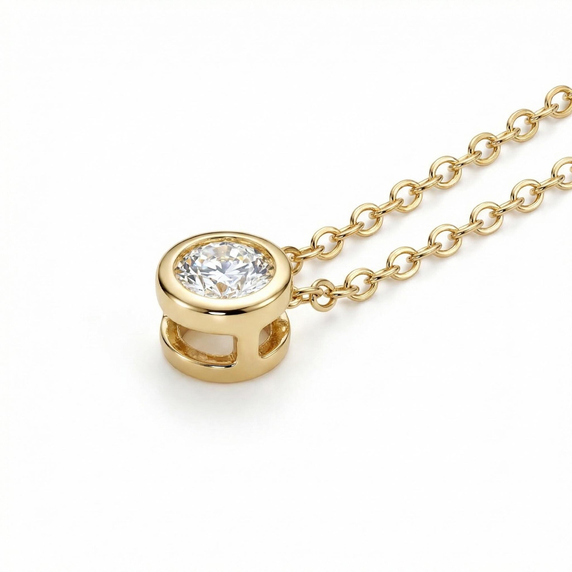 14k Solid Gold Moissanite Necklace – 5mm Round Bezel Pendant