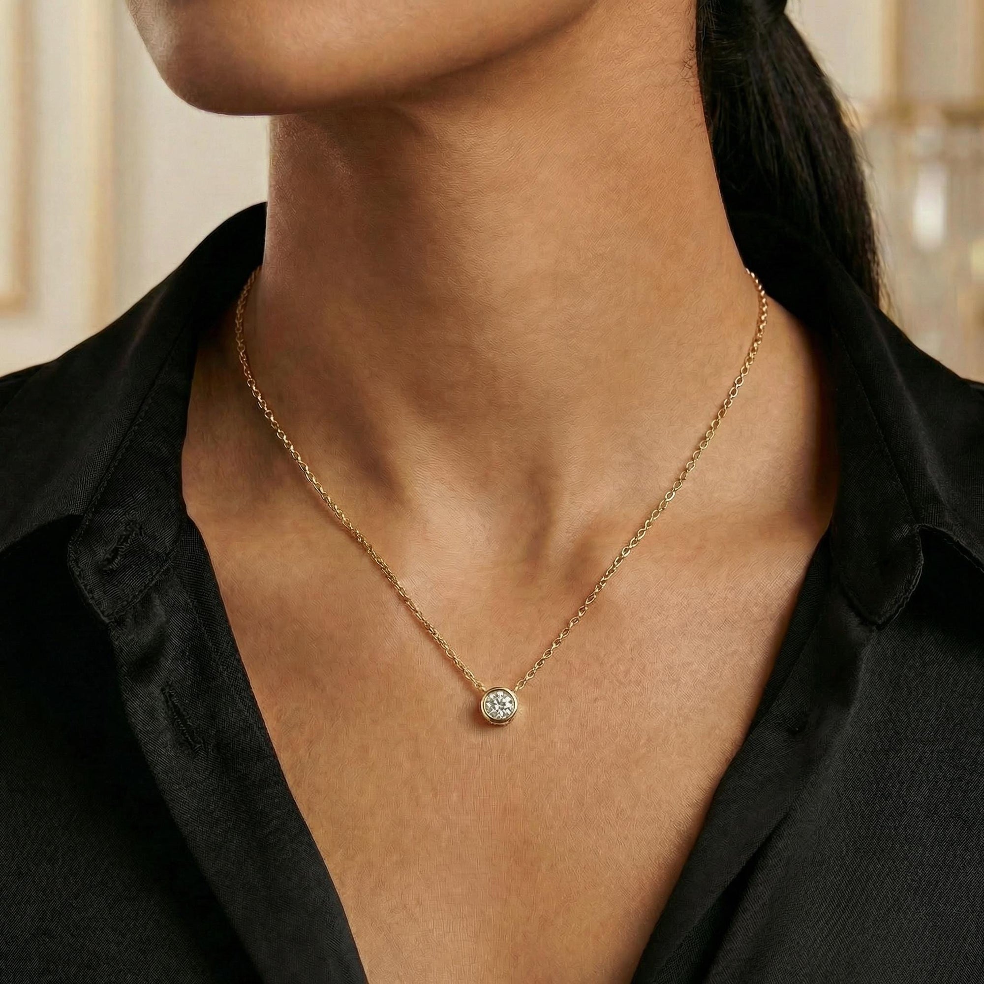 14k Solid Gold Moissanite Necklace – 5mm Round Bezel Pendant