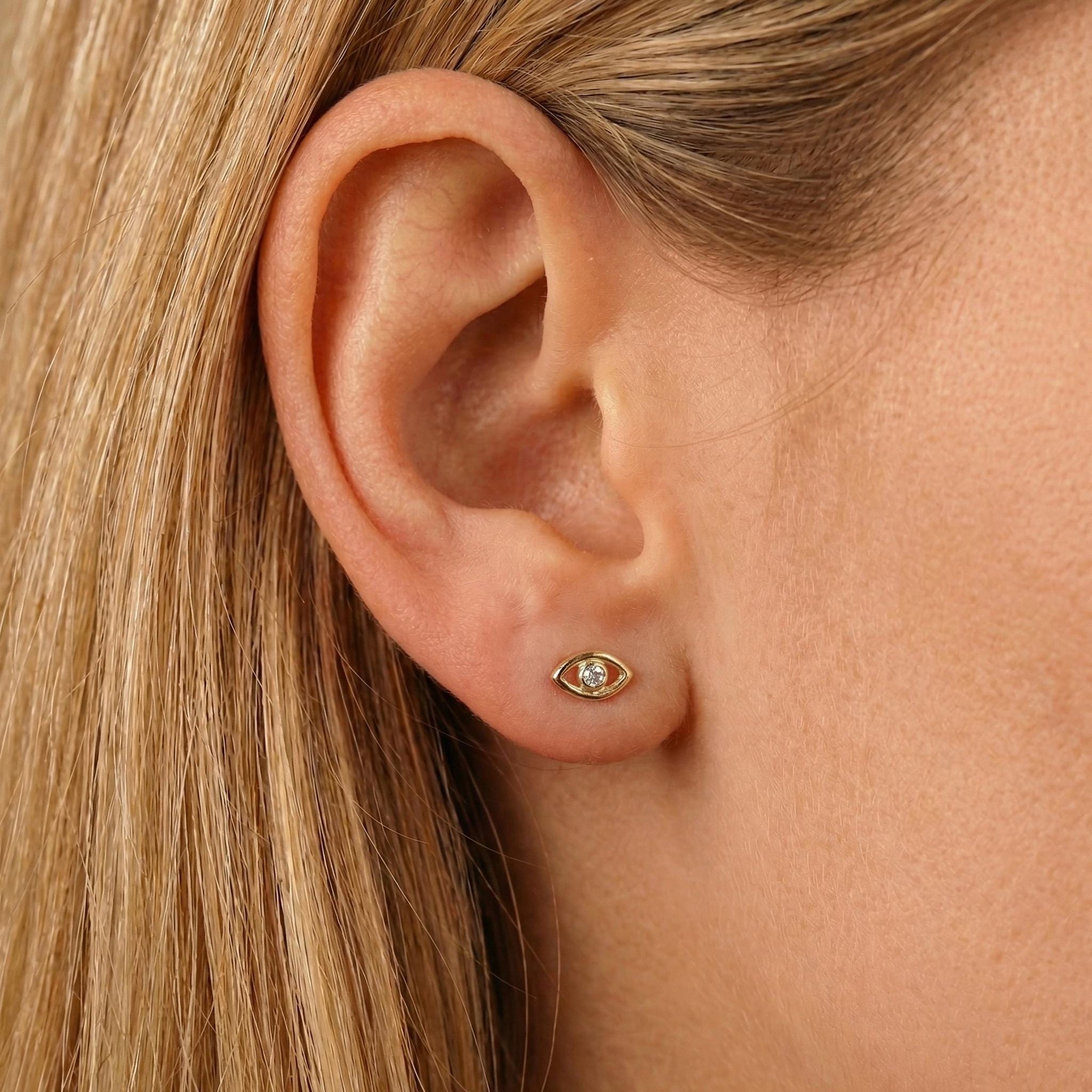 Evil Eye Flat Back Earrings 14k Solid Gold, Luck Symbol Stack Earrings