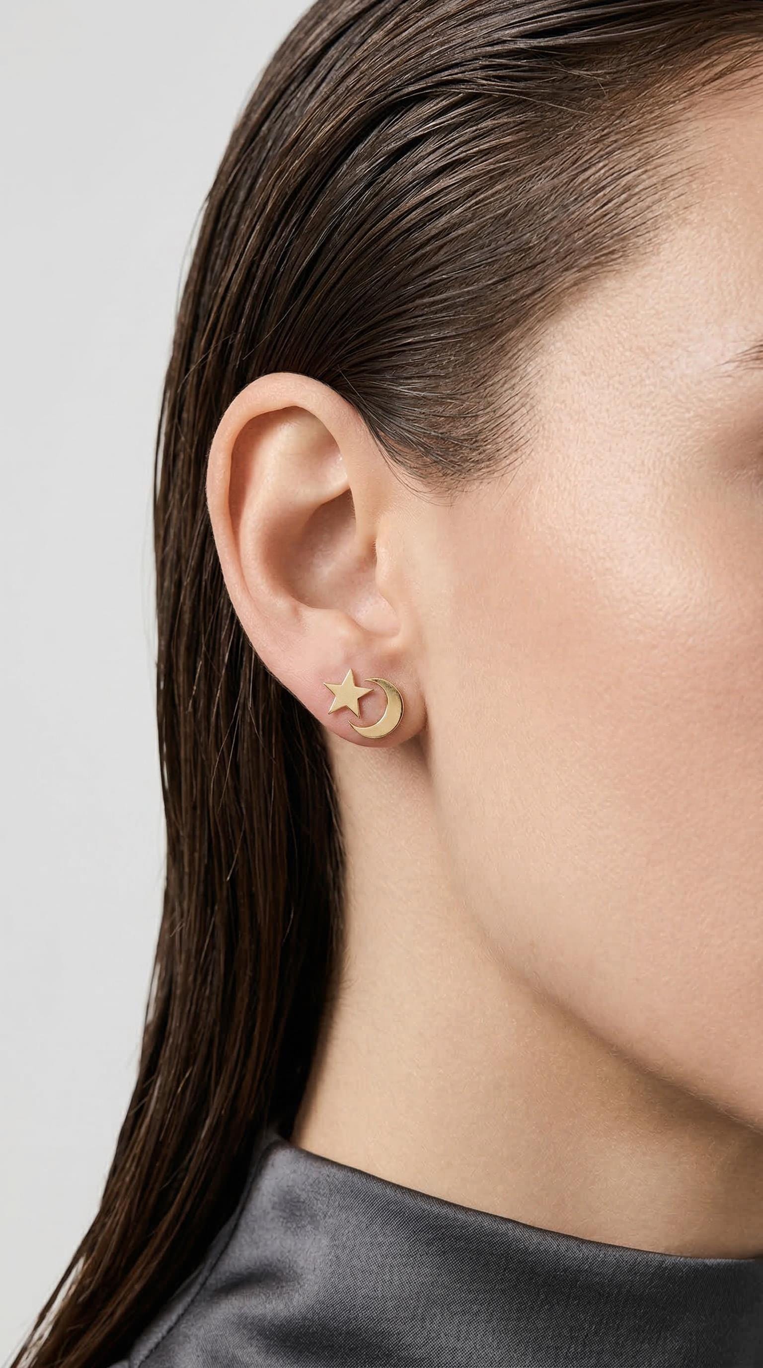 Moon and Star Earrings 14k Solid Gold
