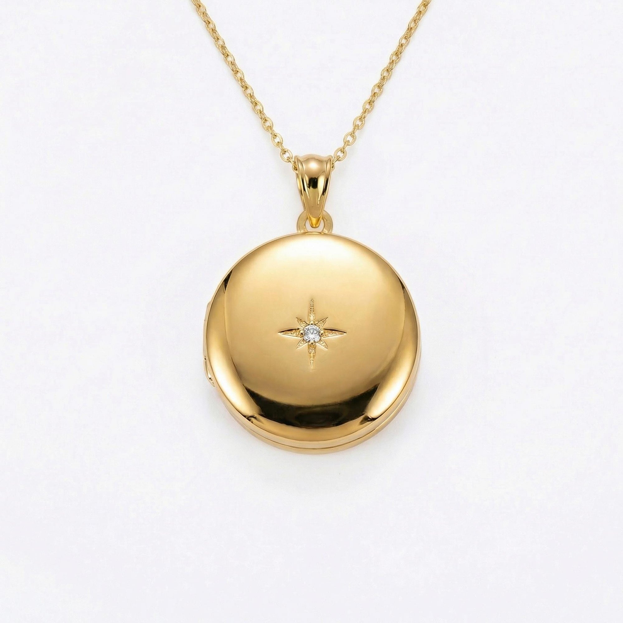 North Star Round Locket Necklace 14k Gold Filled - Photo Locket Pendant