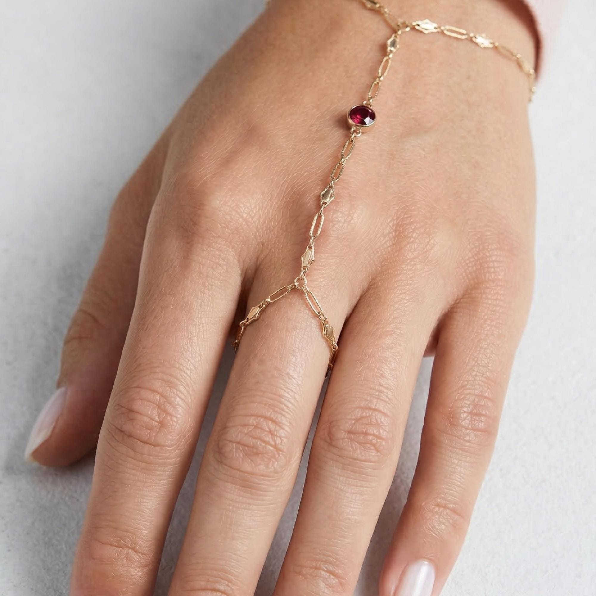 Gold Slave Bracelet, Garnet Hand Chain Bracelet - Melt'm Jewelry