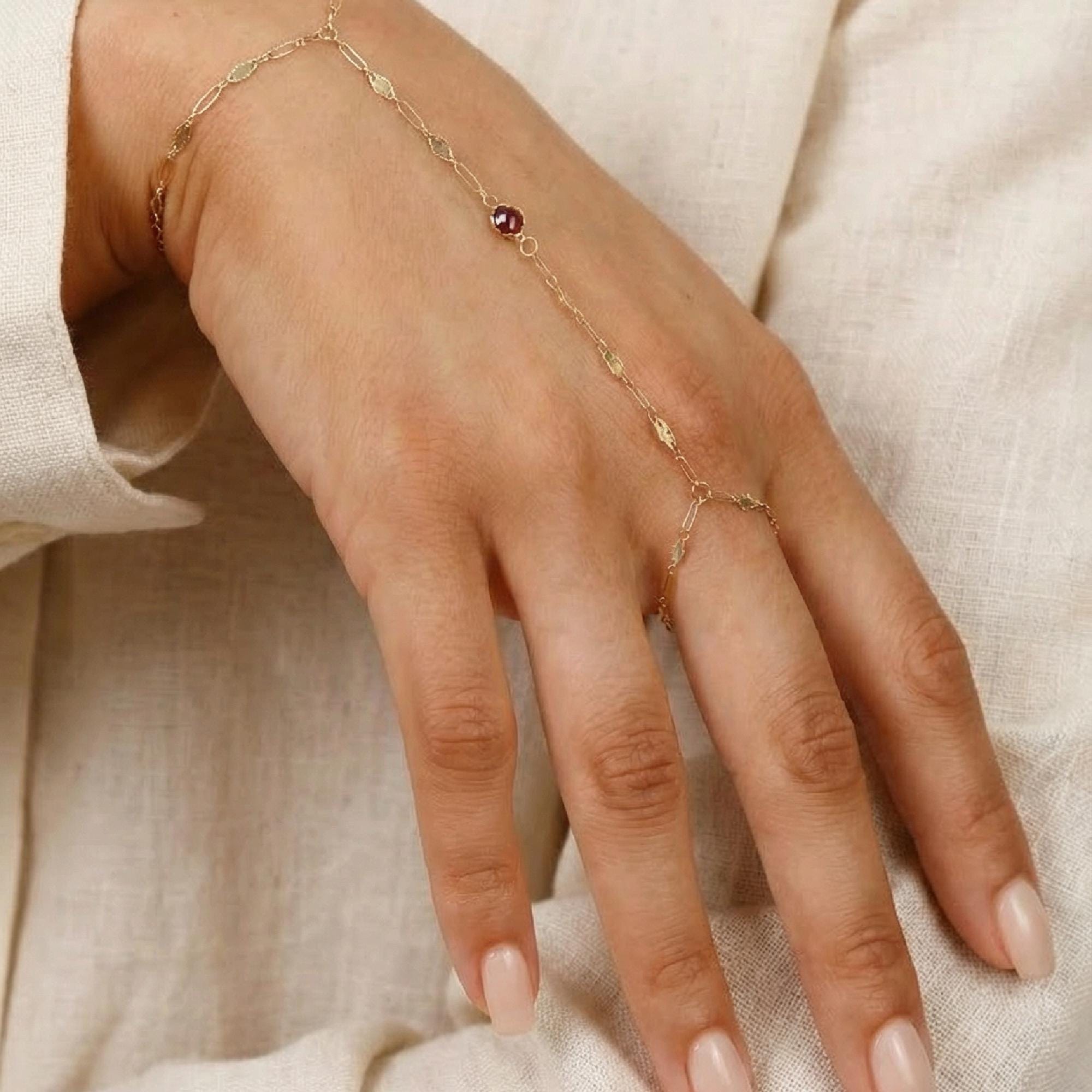 Gold Slave Bracelet, Garnet Hand Chain Bracelet - Melt'm Jewelry