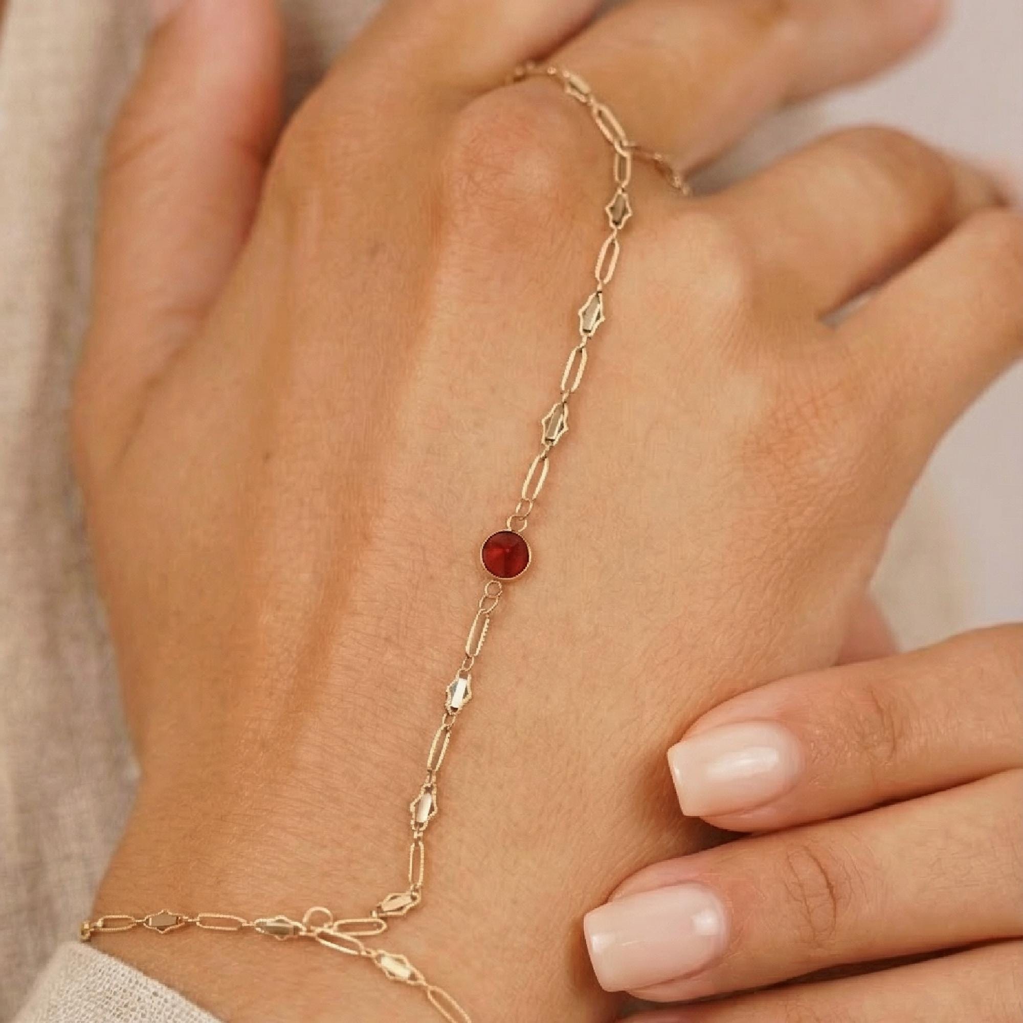 Gold Slave Bracelet, Garnet Hand Chain Bracelet - Melt'm Jewelry
