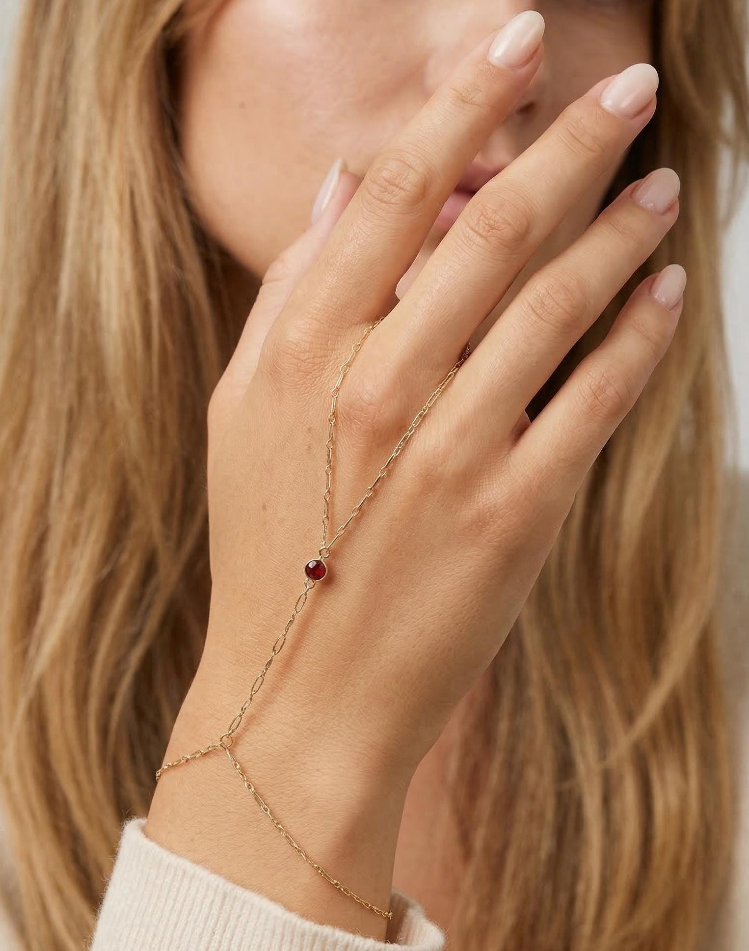Gold Slave Bracelet, Garnet Hand Chain Bracelet - Melt'm Jewelry