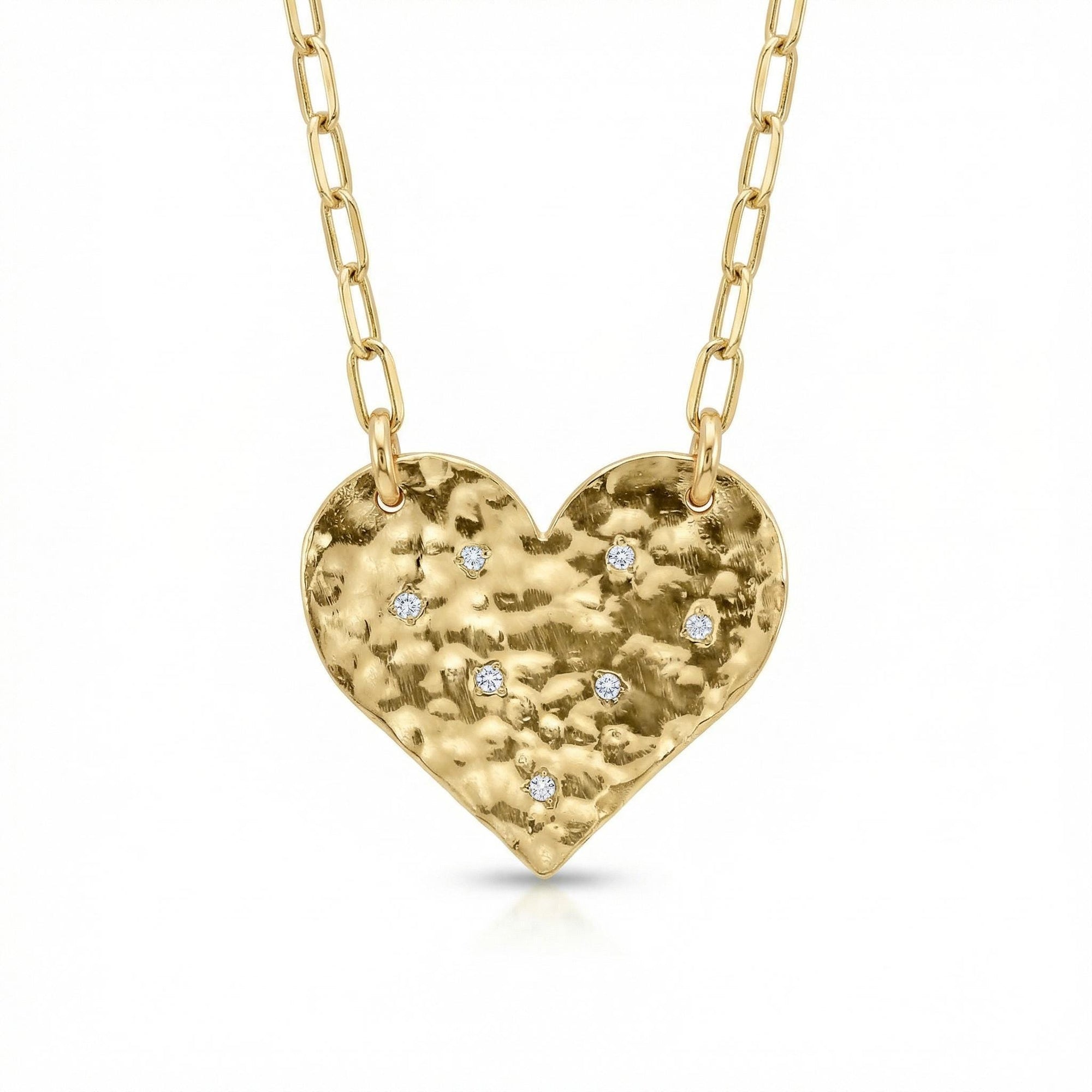 Hammered Diamond Heart Necklace – 14k Solid Gold Paperclip Chain - Melt'm Jewelry