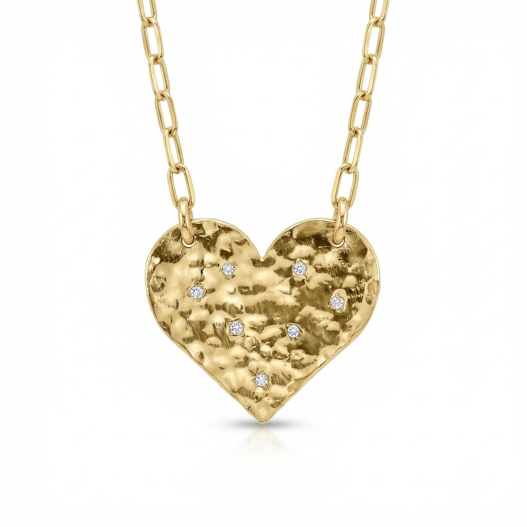 Hammered Diamond Heart Necklace 14k Solid Gold with Paperclip Chain - Melt'm Jewelry