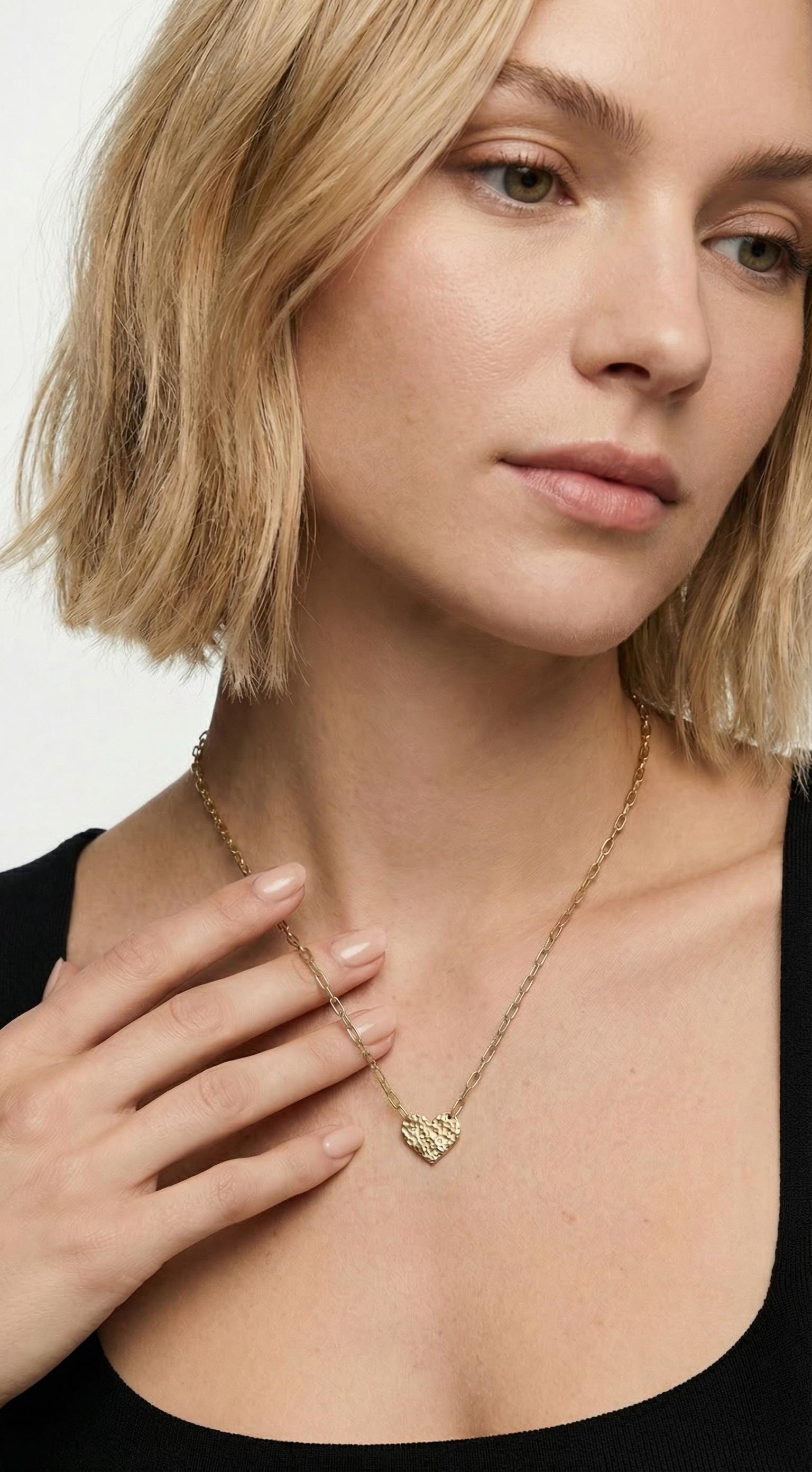 diamond heart necklace worn on model paperclip chain jewelry