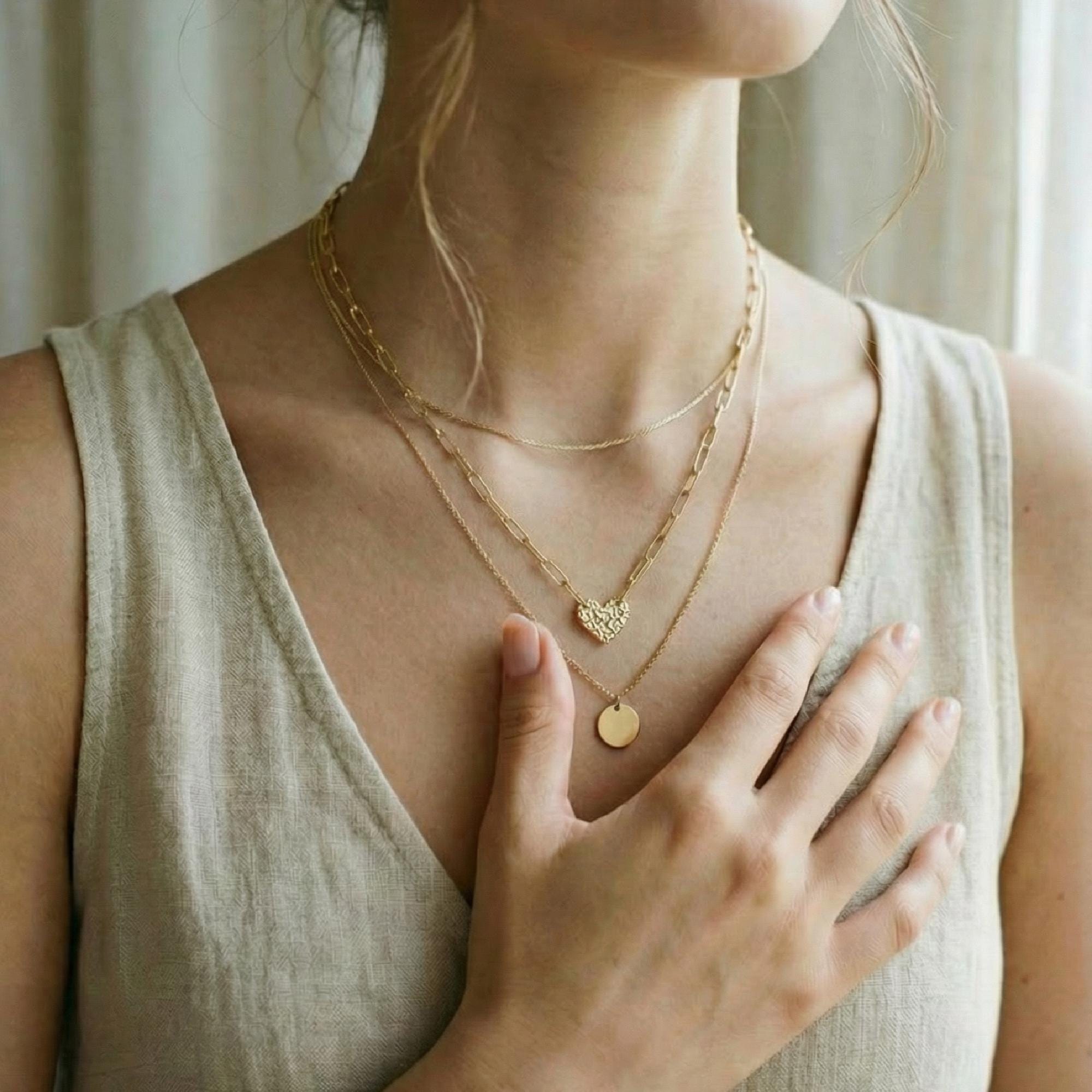 Hammered Diamond Heart Necklace 14k Solid Gold with Paperclip Chain - Melt'm Jewelry
