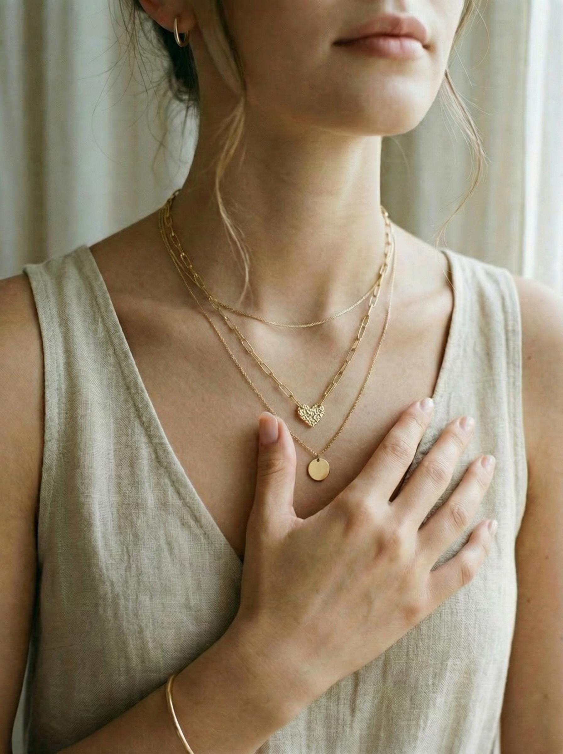 Hammered Diamond Heart Necklace 14k Solid Gold with Paperclip Chain - Melt'm Jewelry