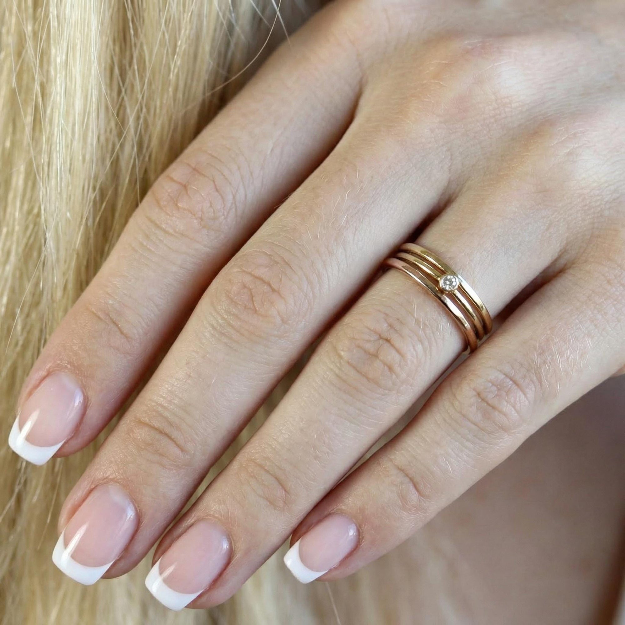 Dainty Diamond Ring 14k Solid Gold – Tiny Bezel Set Diamond Solitaire Stacking Ring - Melt'm Jewelry