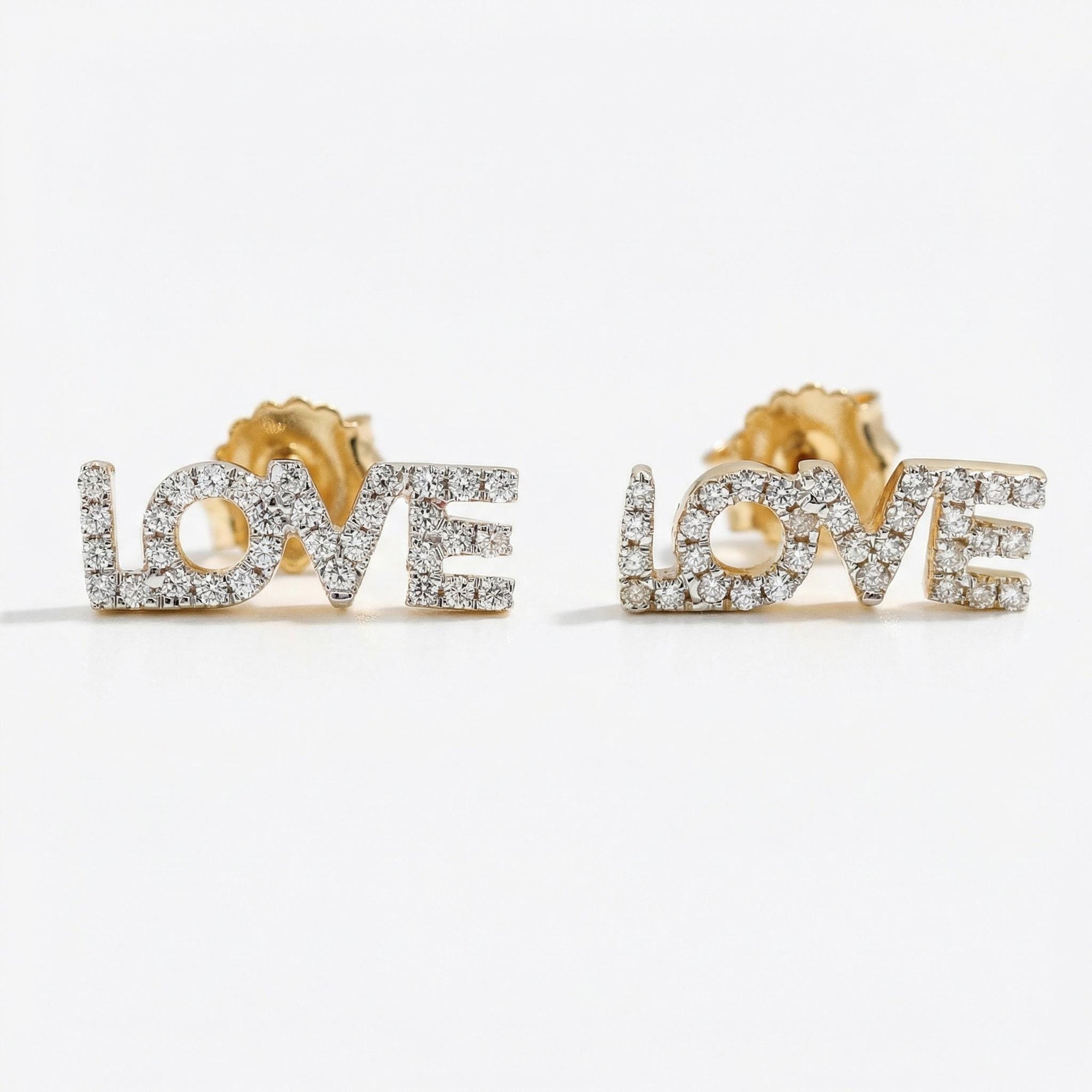 Diamond Love Earrings in 14k Solid Gold - Natural Diamond Block Letters - Melt'm Jewelry