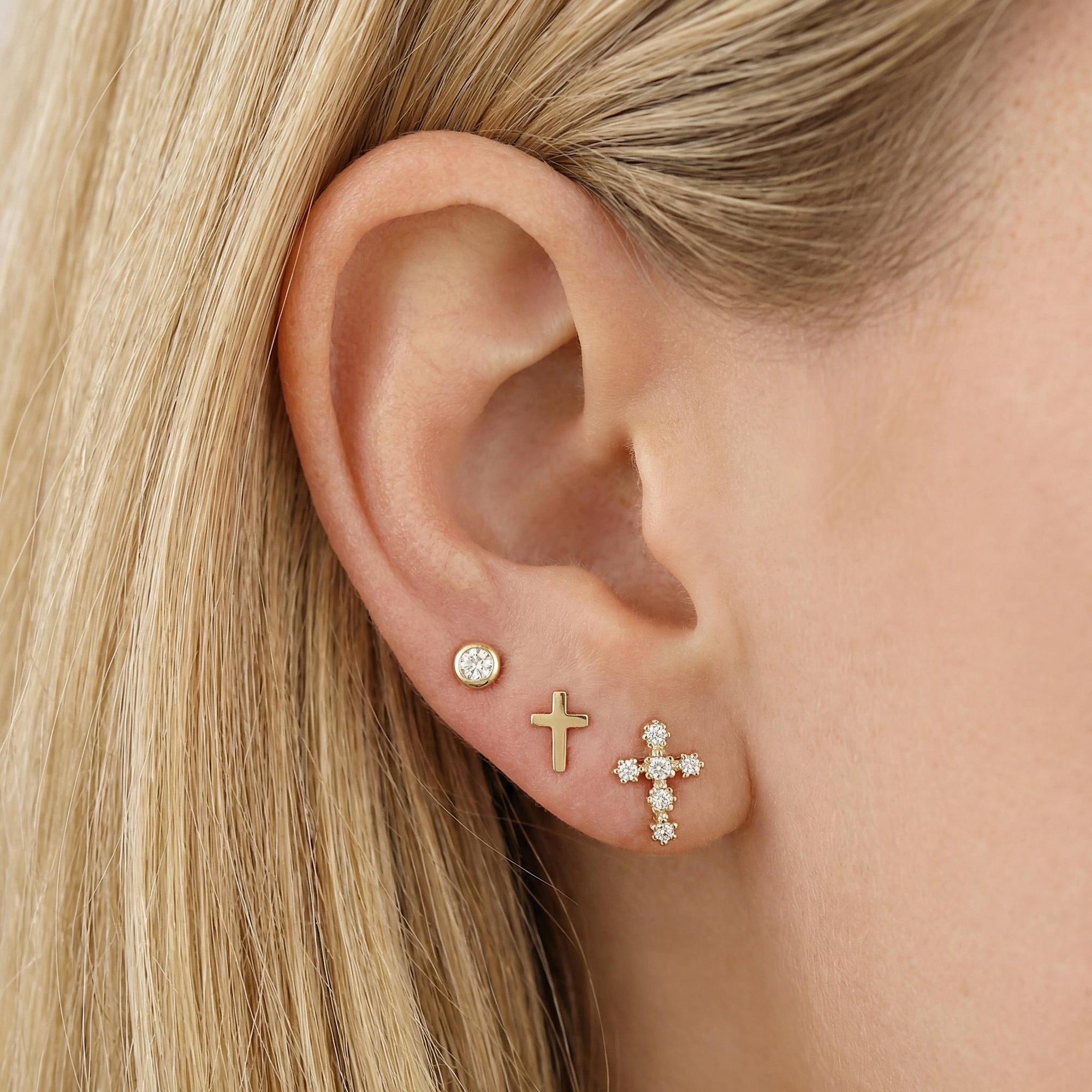 Tiny Cross Diamond Earrings in 14k Gold (SINGLE OR PAIR) - Melt'm Jewelry