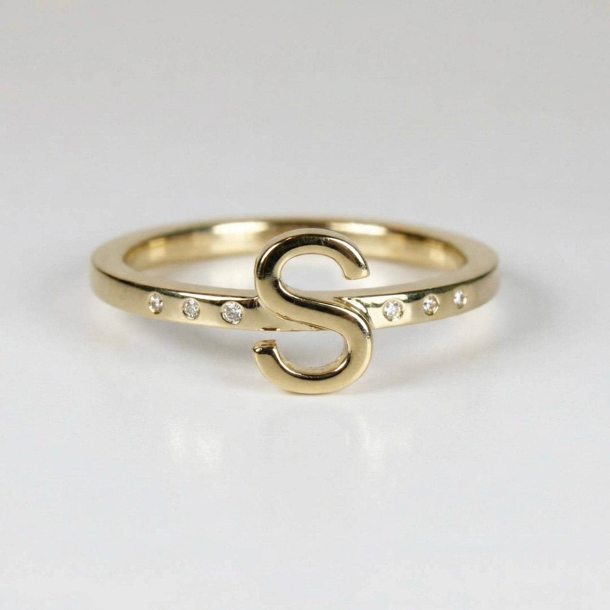 14k Gold Diamond Initial Ring, Personalized Square Band Monogram Ring - Melt'm Jewelry
