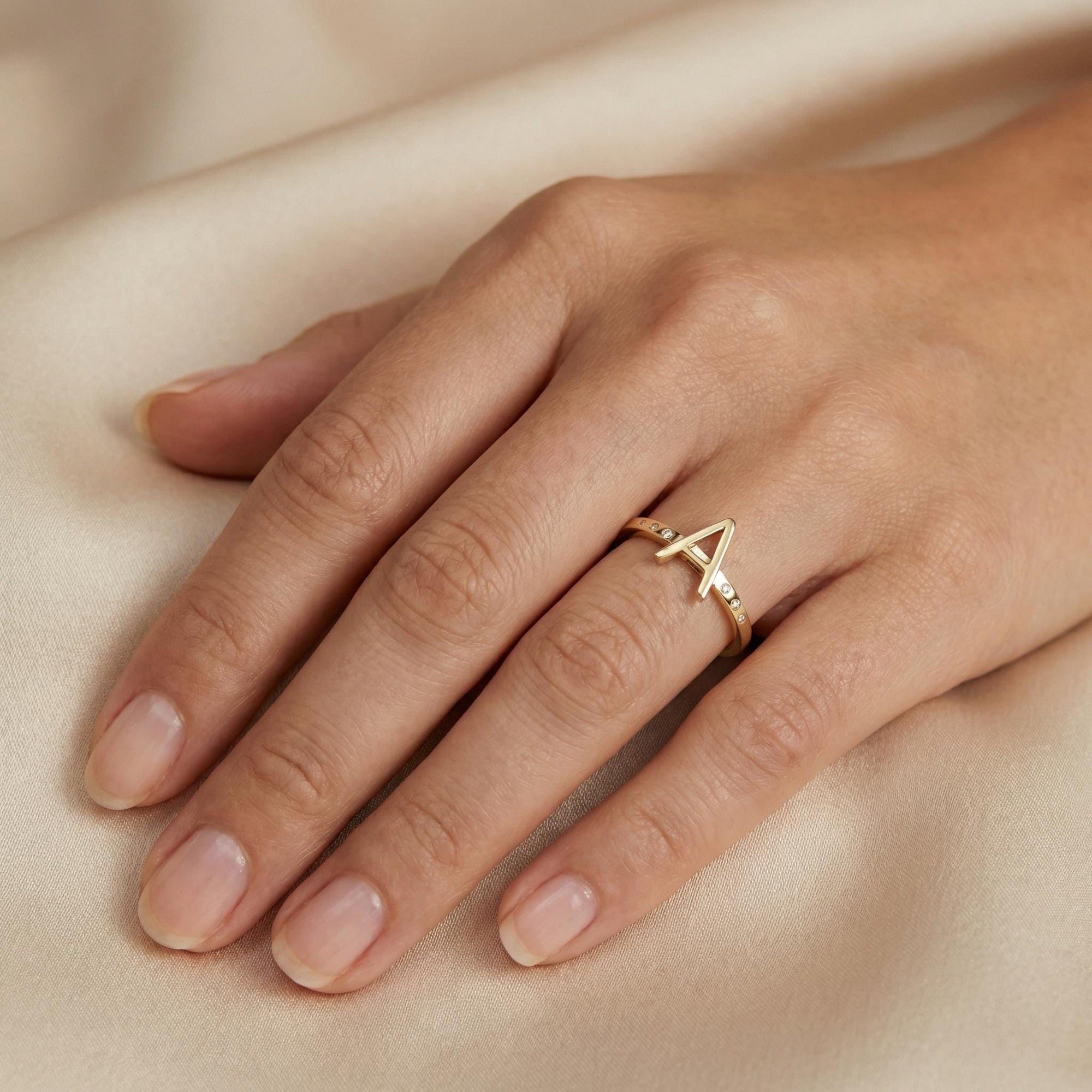 14k Gold Diamond Initial Ring, Personalized Square Band Monogram Ring - Melt'm Jewelry