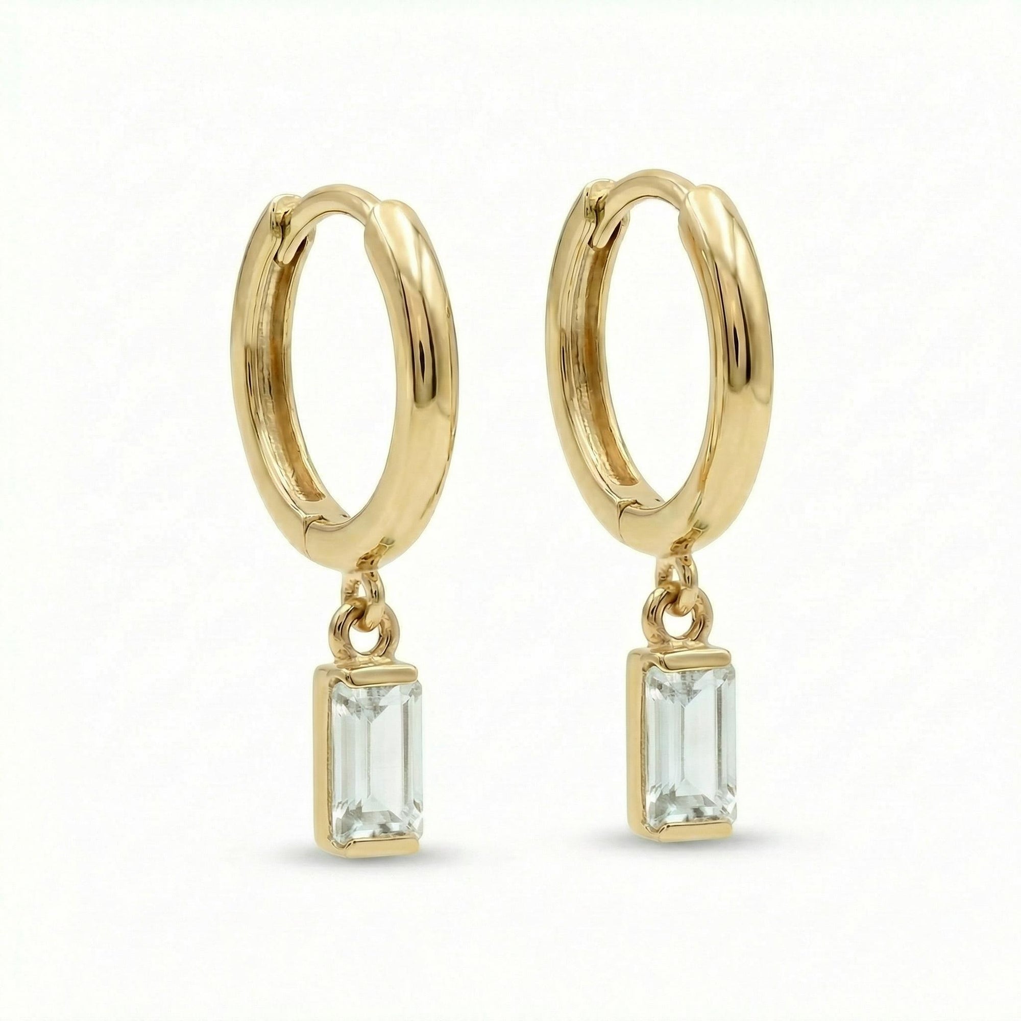 14k solid gold aquamarine hoop earrings with baguette aquamarine dangle gemstone
