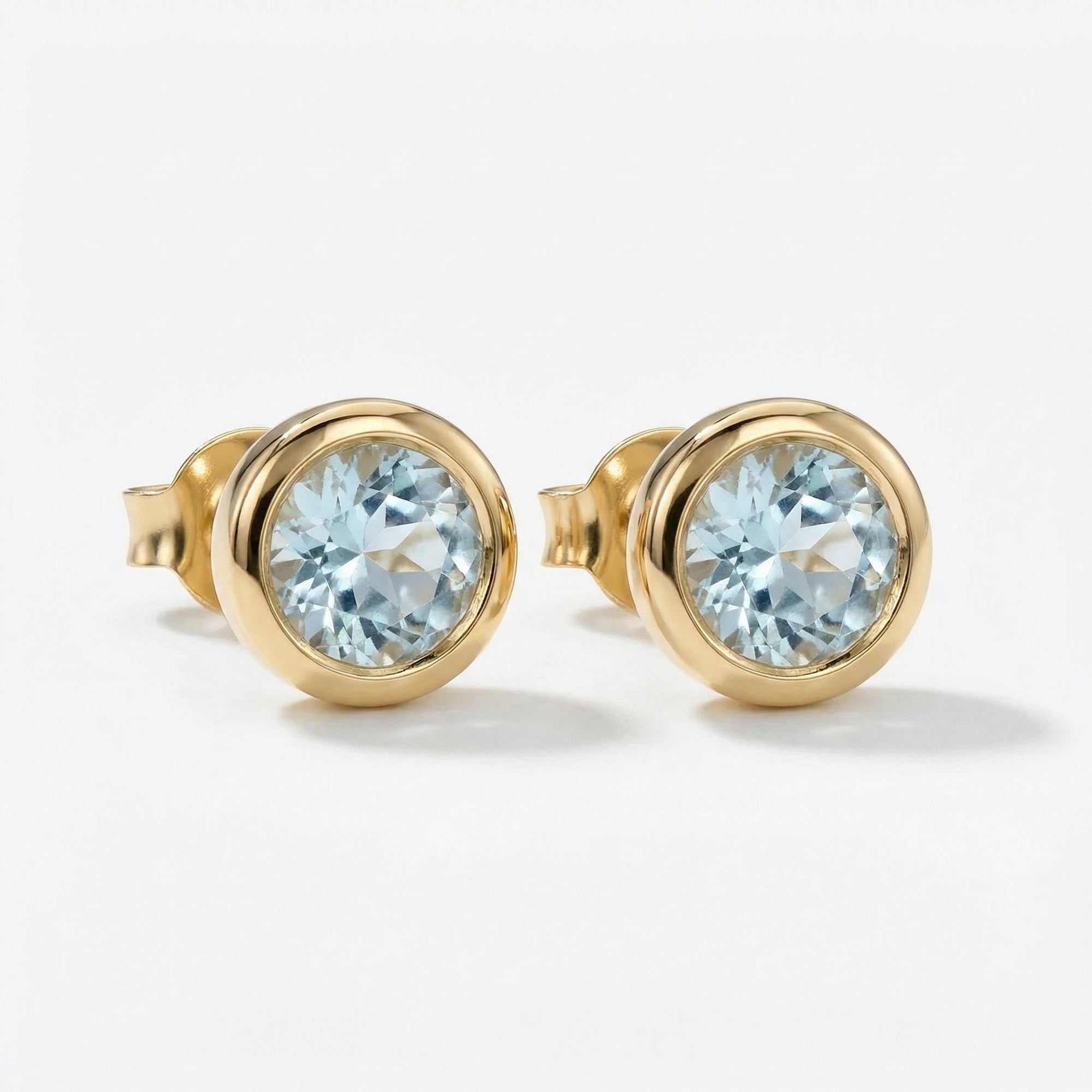 14k gold round aquamarine bezel stud earrings March birthstone jewelry