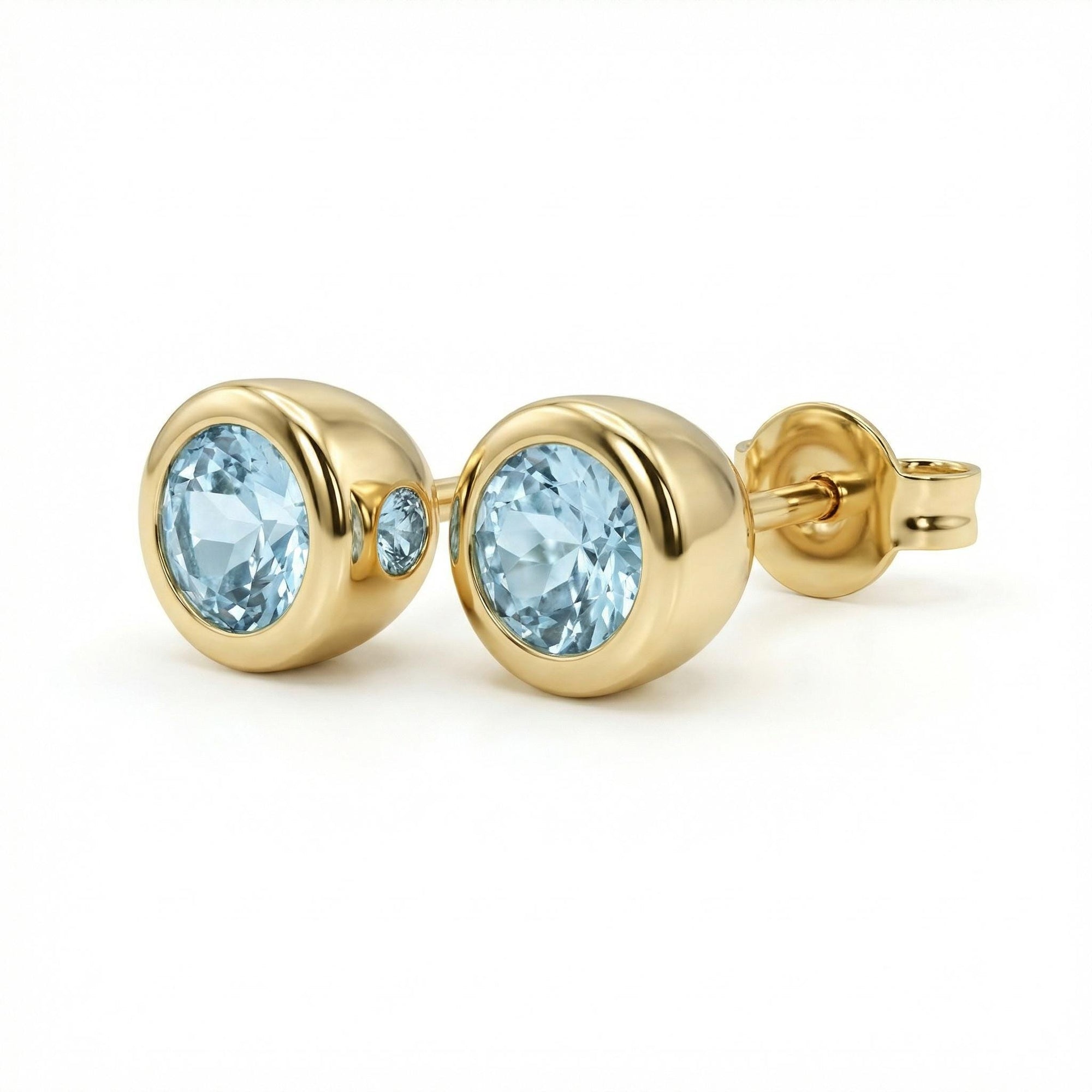 Round Aquamarine Bezel Earrings 14k Gold, Natural Aquamarine March Birthstone Studs - Melt'm Jewelry