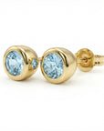 Round Aquamarine Bezel Earrings 14k Gold, Natural Aquamarine March Birthstone Studs - Melt'm Jewelry