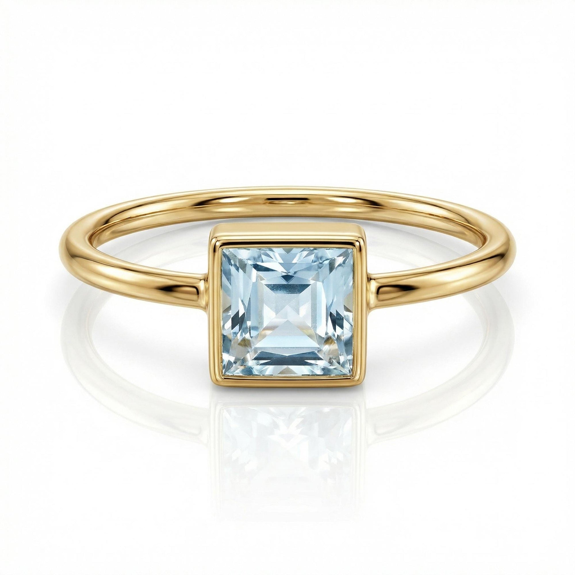 Princess Cut Bezel Set Aquamarine Ring 14k Gold March Birthstone - Melt'm Jewelry