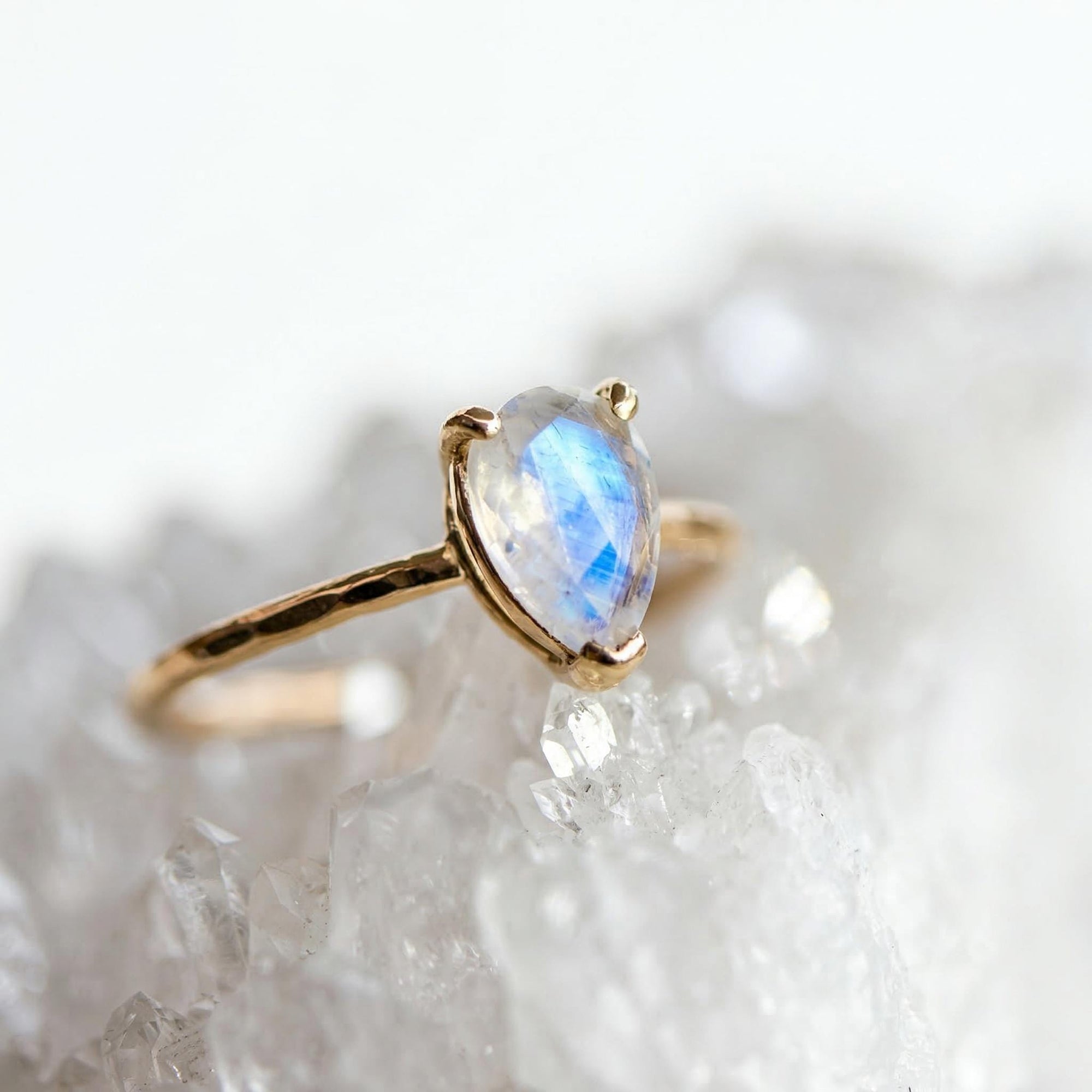 14k Gold Pear Cut Rainbow Moonstone Ring