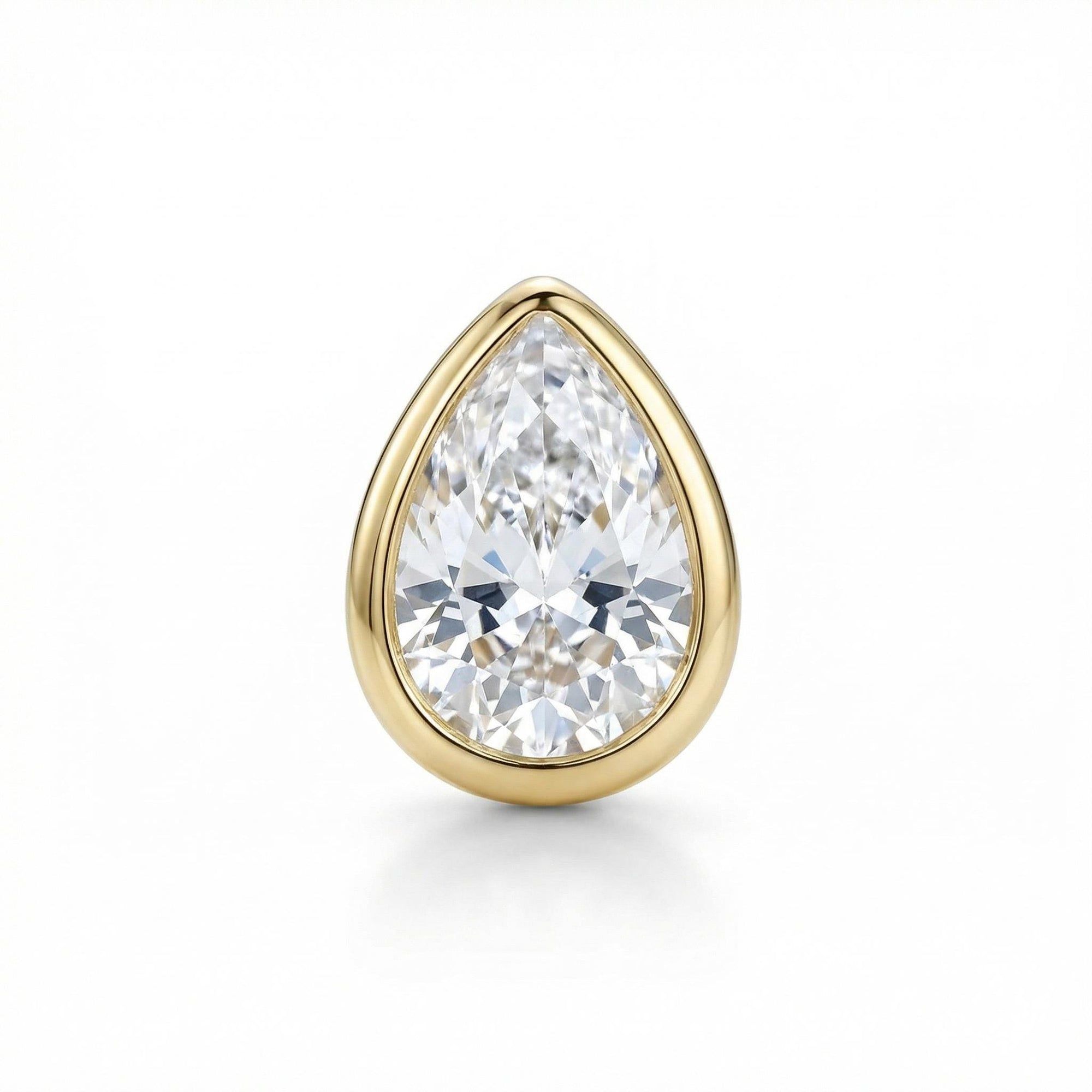 14k solid gold pear shaped CZ bezel earrings with internally threaded flat back, minimalist diamond stud earrings, cartilage or helix piercing jewelry