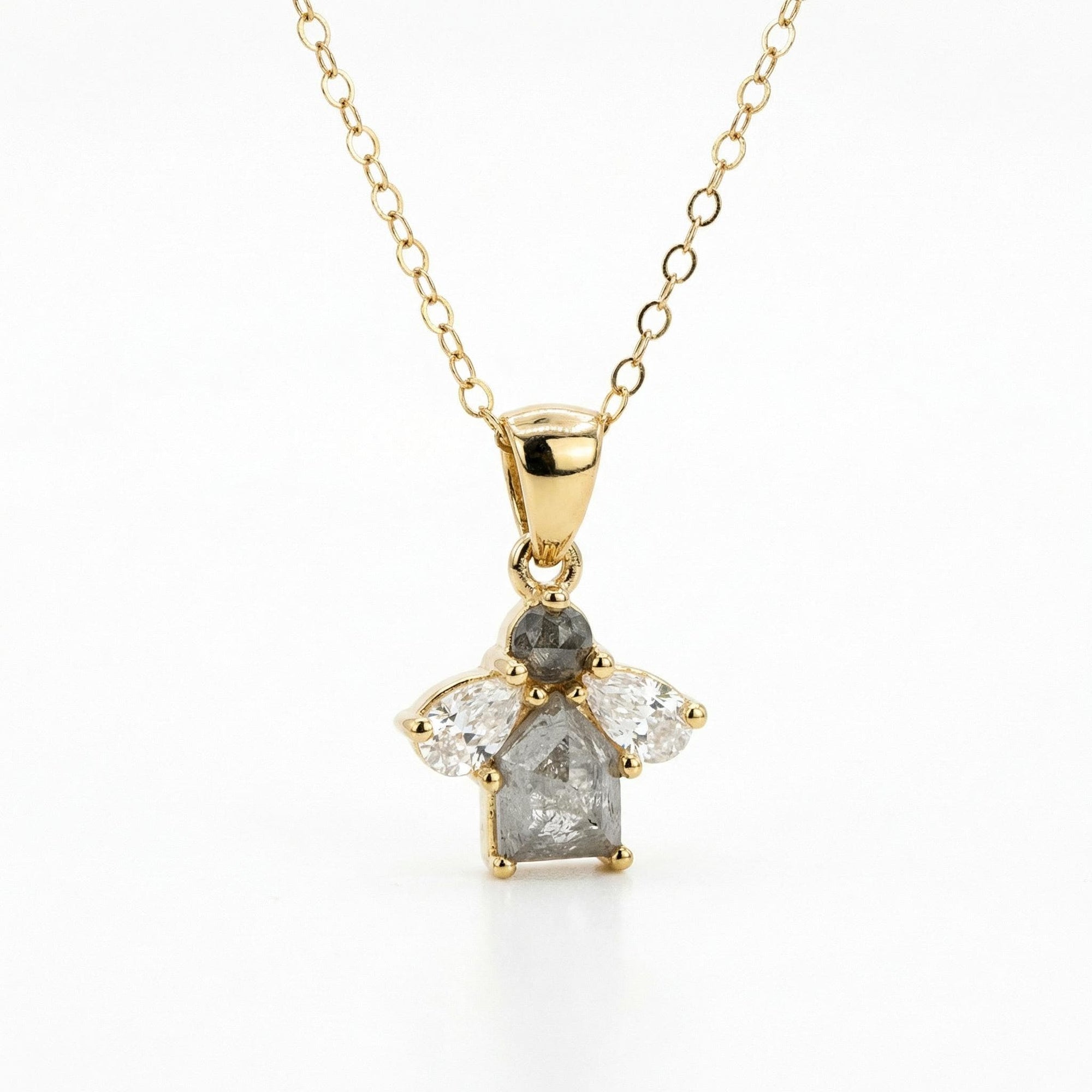 14K Solid Gold Salt and Pepper Diamond Cluster Necklace with Pear Moissanites - Melt'm Jewelry