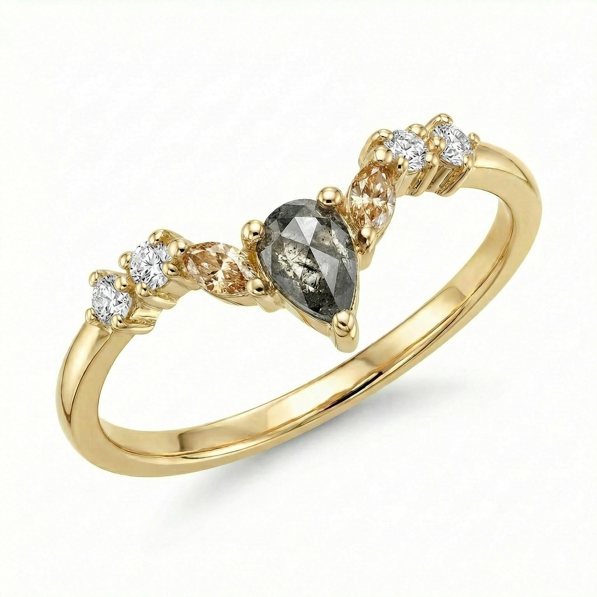 Rose Cut Pear Shape Salt and Pepper Diamond Ring 14k Yellow Gold - Melt'm Jewelry