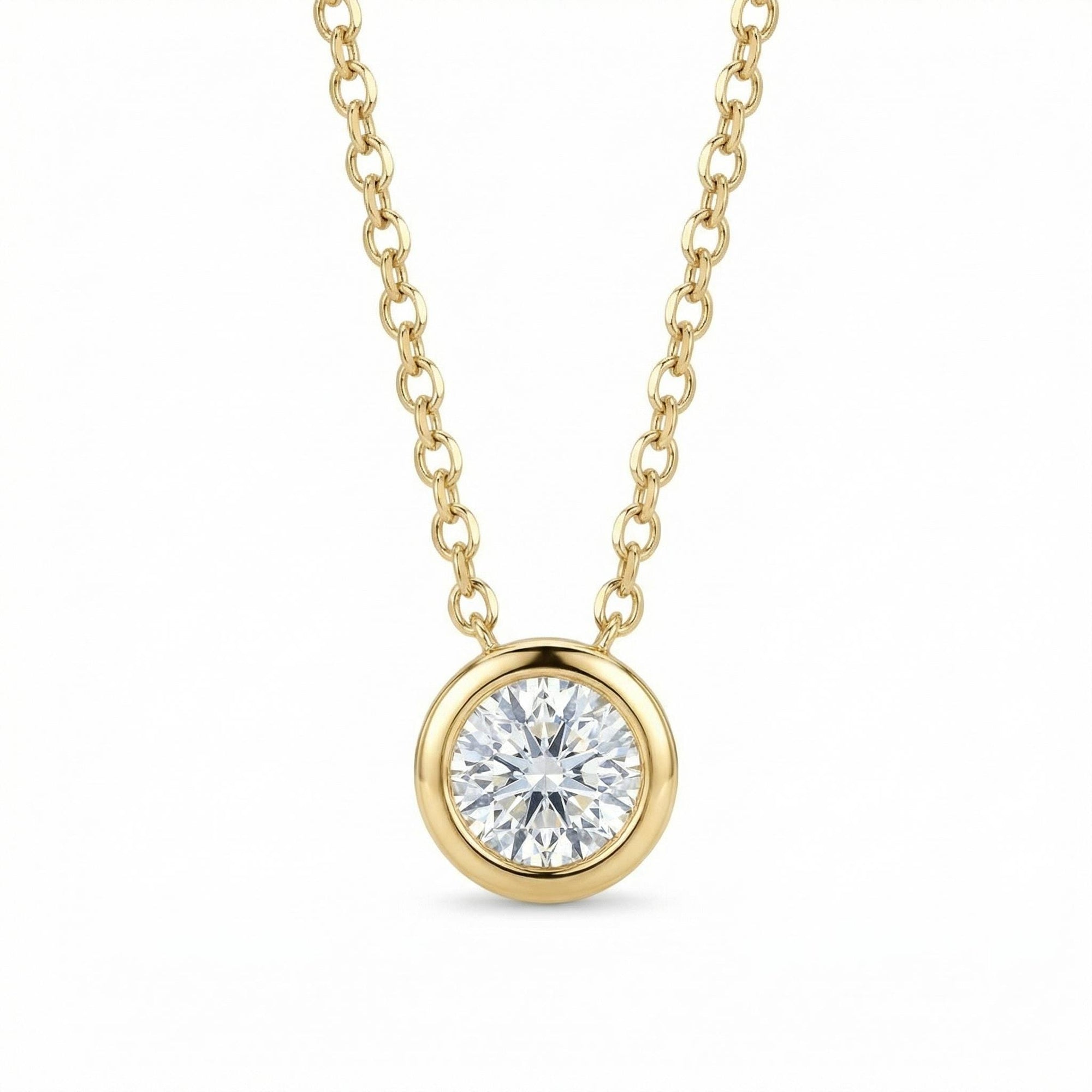14k Solid Gold Moissanite Necklace – 5mm Round Bezel Pendant