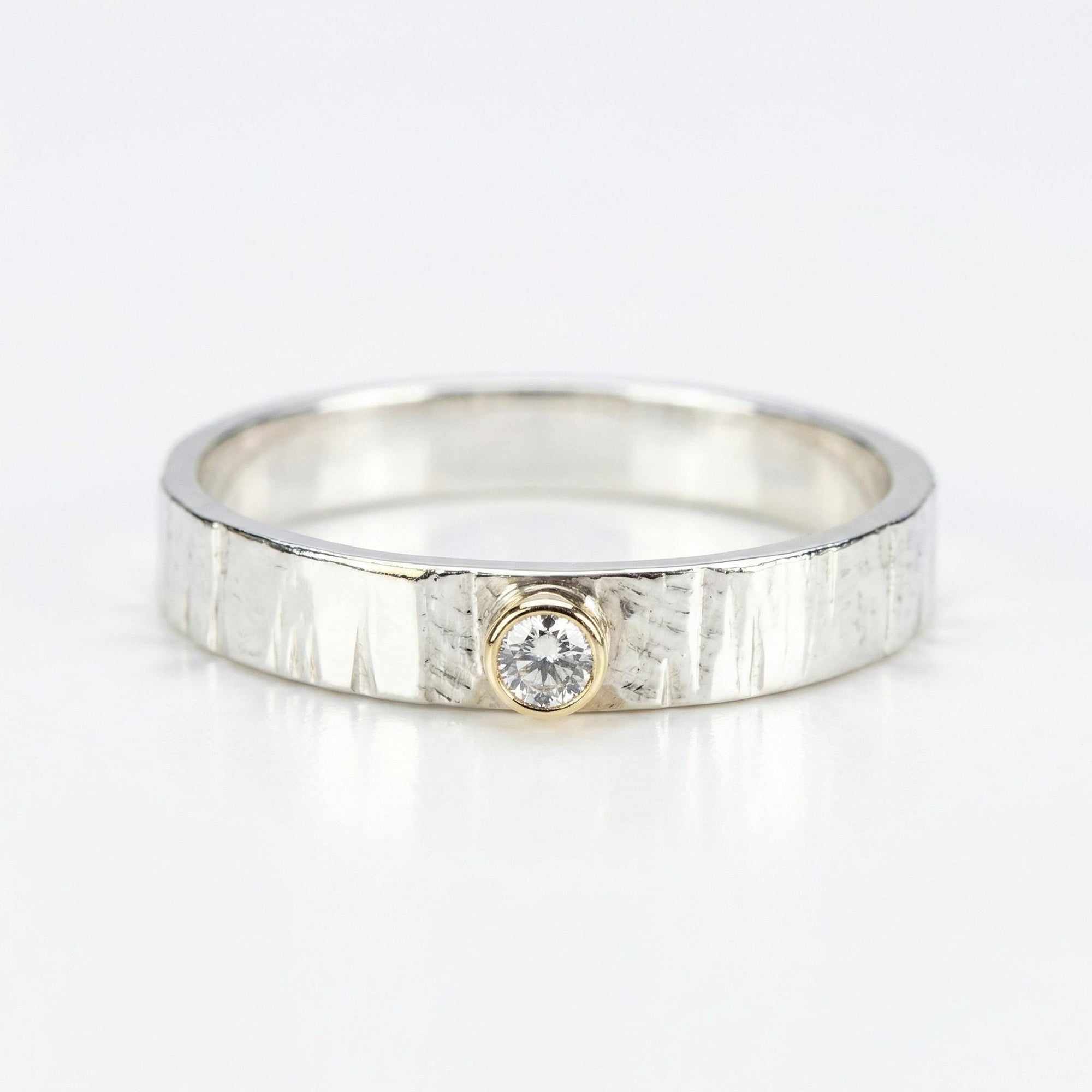 Hammered Silver Band Diamond Ring, Mixed Metal Ring - Melt'm Jewelry
