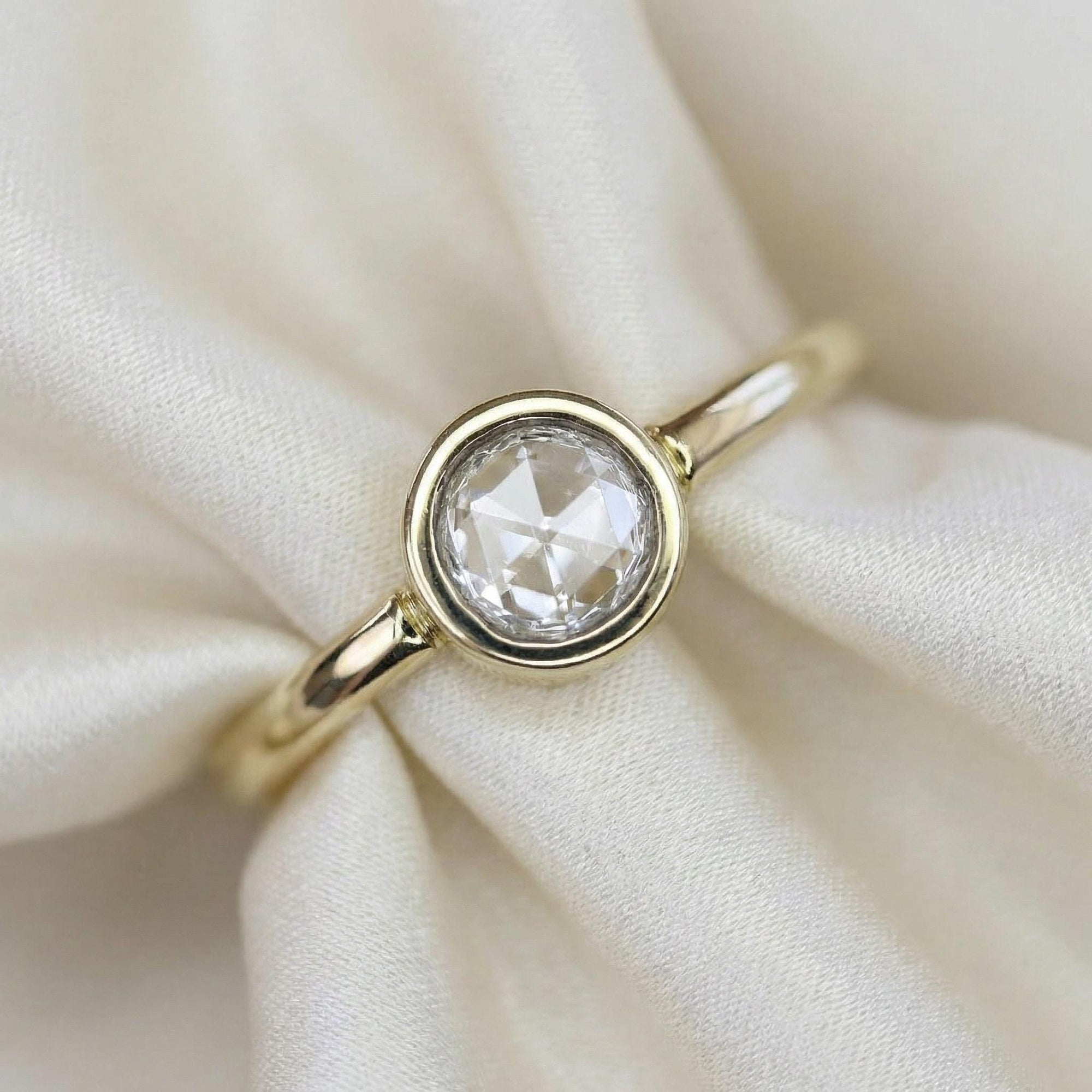 Round Rose Cut Clear Diamond Ring in 14k Gold