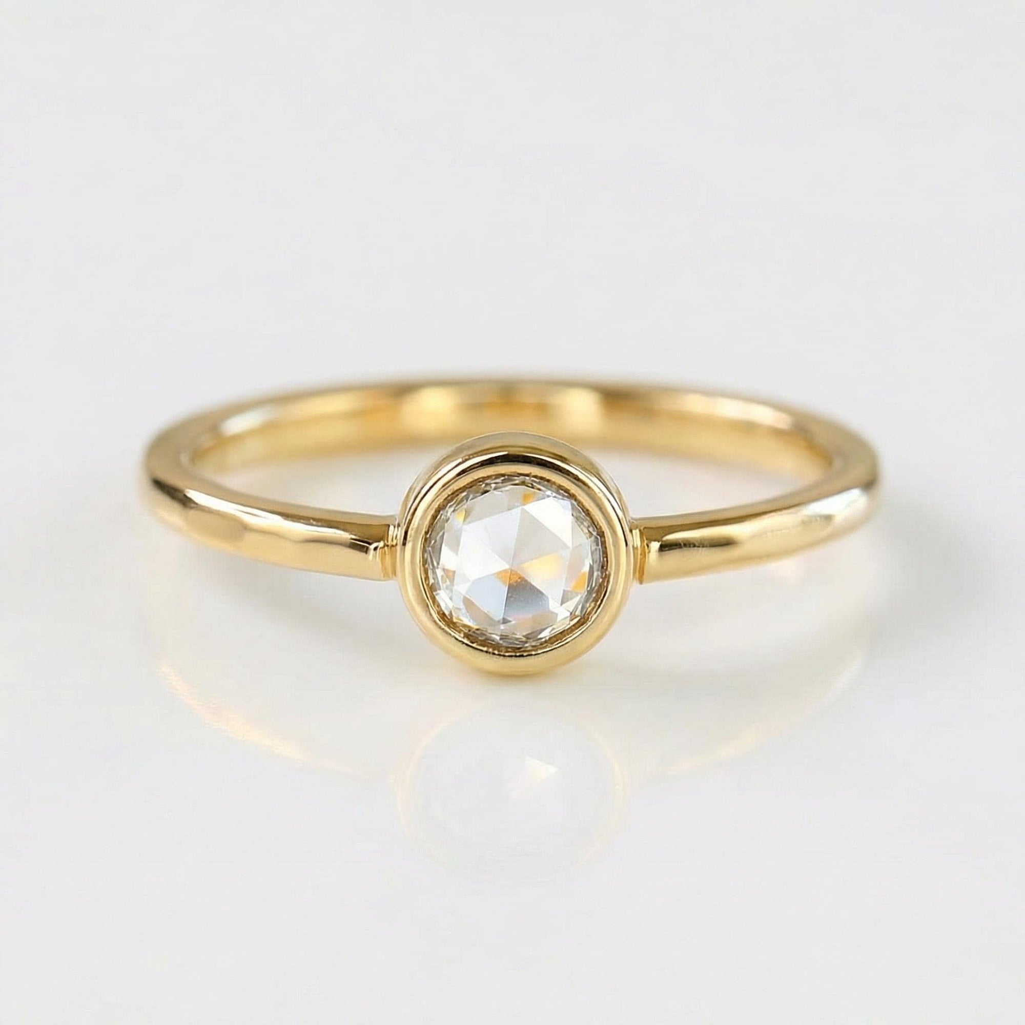 Rose cut diamond ring in 14k gold with hammered textured band and bezel setting