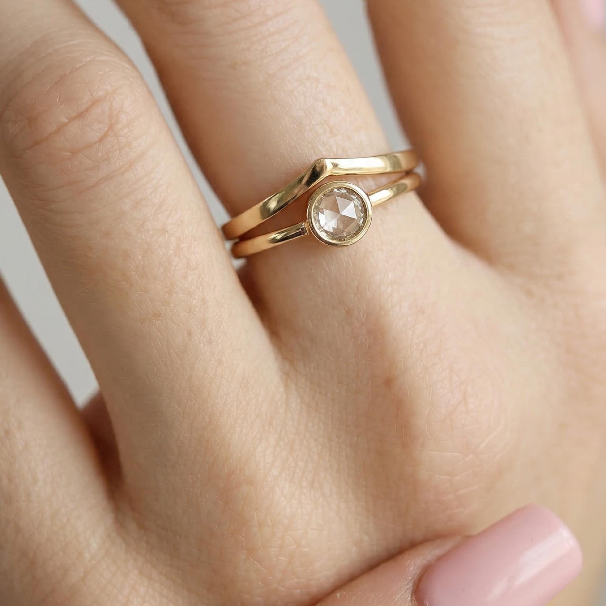 Round Rose Cut Clear Diamond Ring in 14k Gold - Melt'm Jewelry