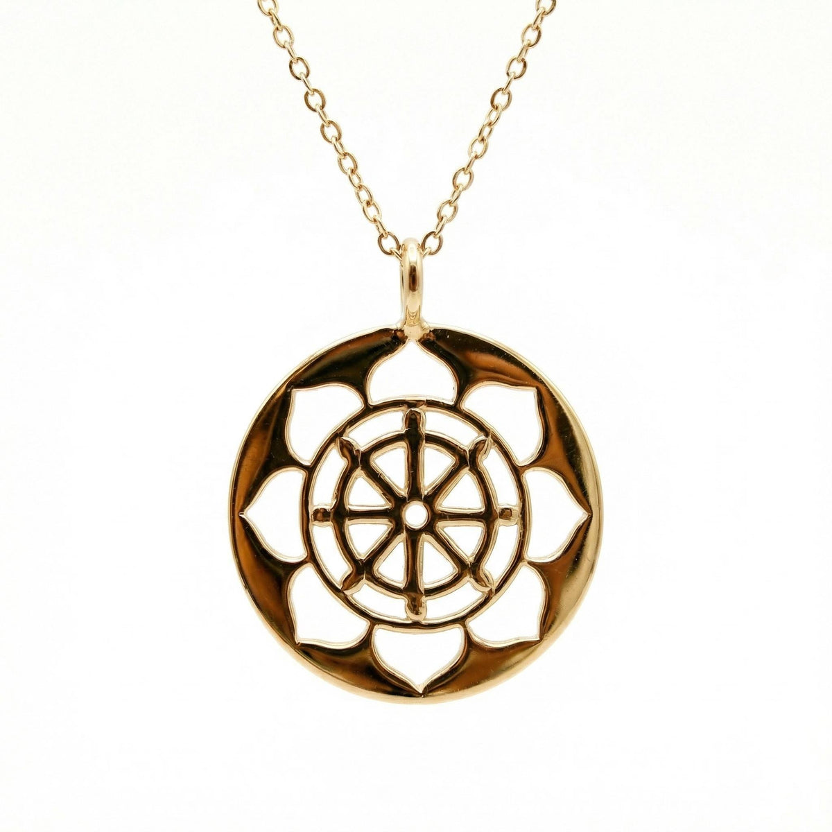 Minimalist 14k solid gold chakra medallion necklace inspired by the heart chakra symbol