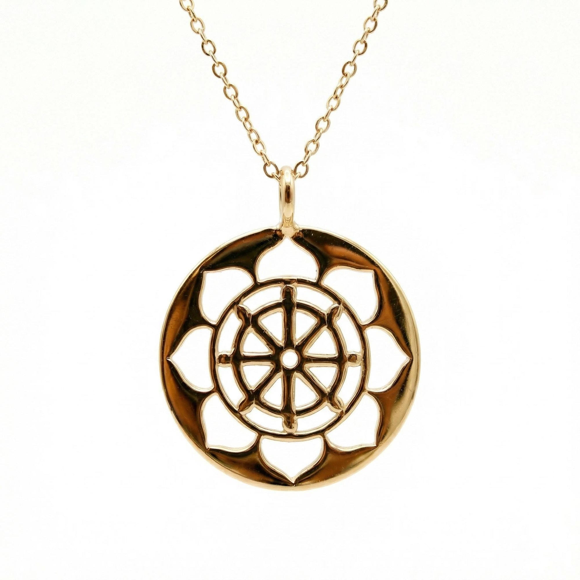 Minimalist 14k solid gold chakra medallion necklace inspired by the heart chakra symbol