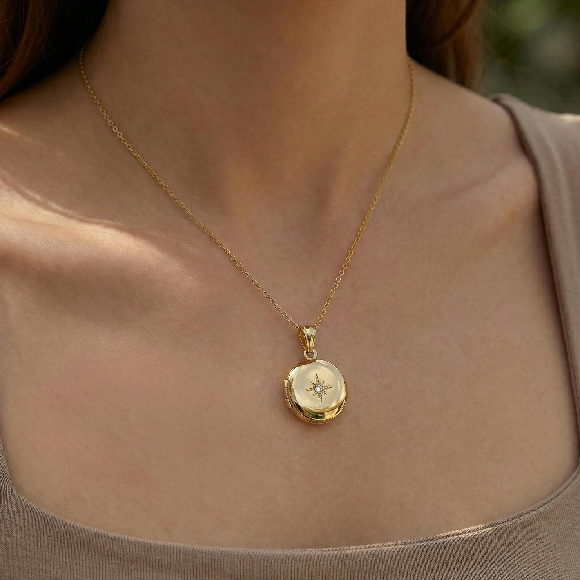North Star Round Locket Necklace 14k Gold Filled - Photo Locket Pendant