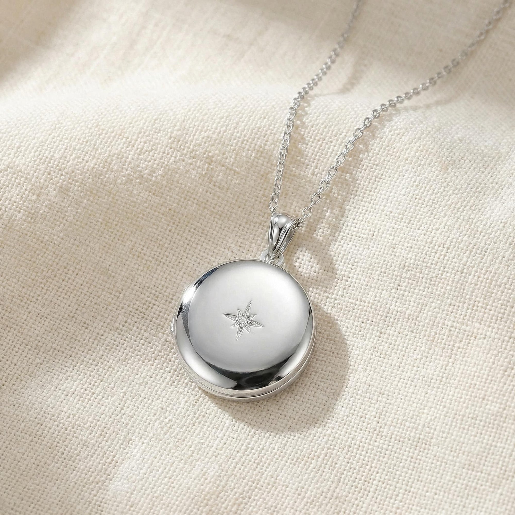 North Star Round Locket Necklace Sterling Silver, Photo Locket Pendant