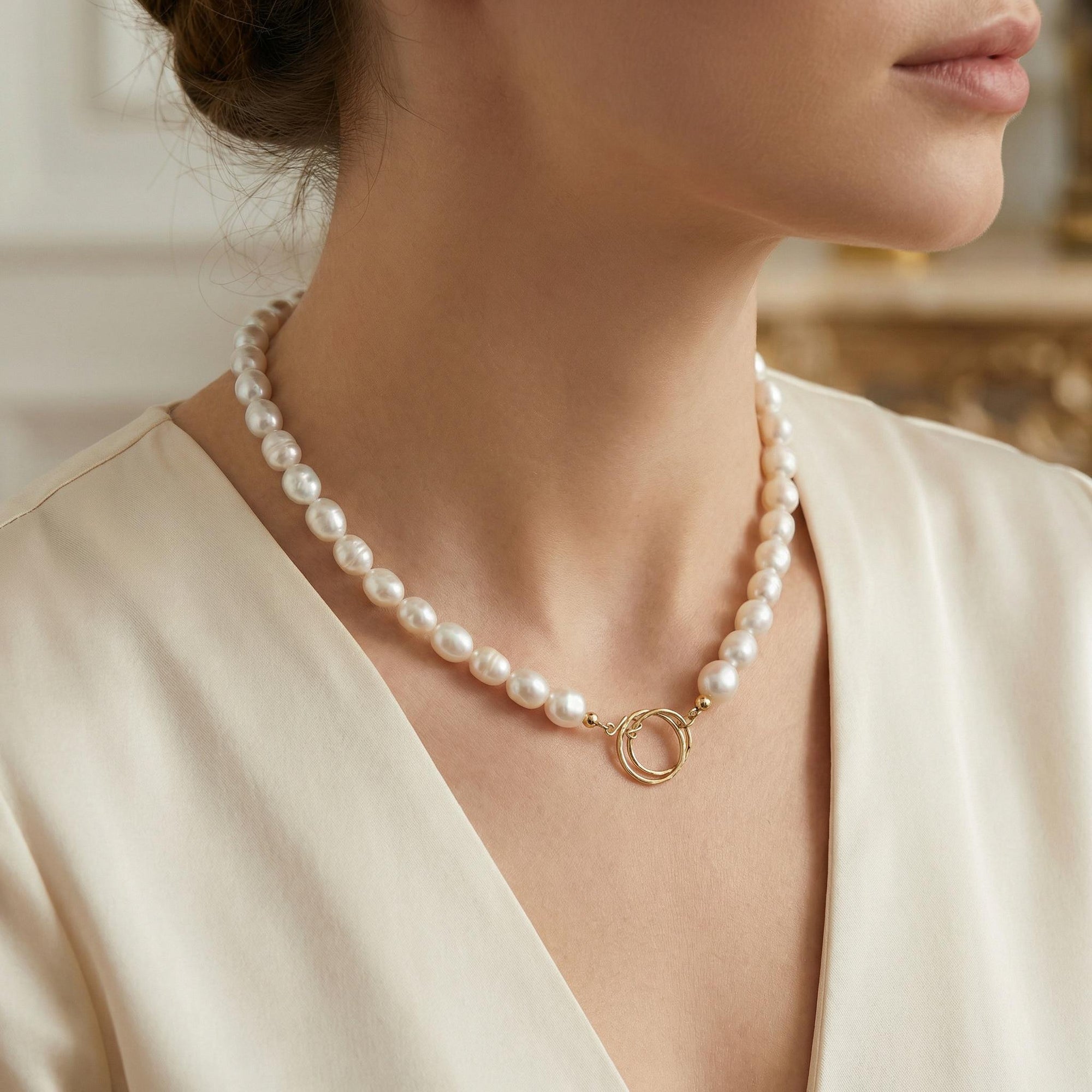 Freshwater Pearl Toggle Necklace 10 - 12mm, Hammered Gold Filled Clasp, Handmade Statement Pearl Necklace, Mother’s Day Gift for Her - Melt'm Jewelry