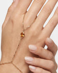 Gold filled citrine hand chain bracelet with bezel set gemstone and ring connection, minimalist slave bracelet jewelry