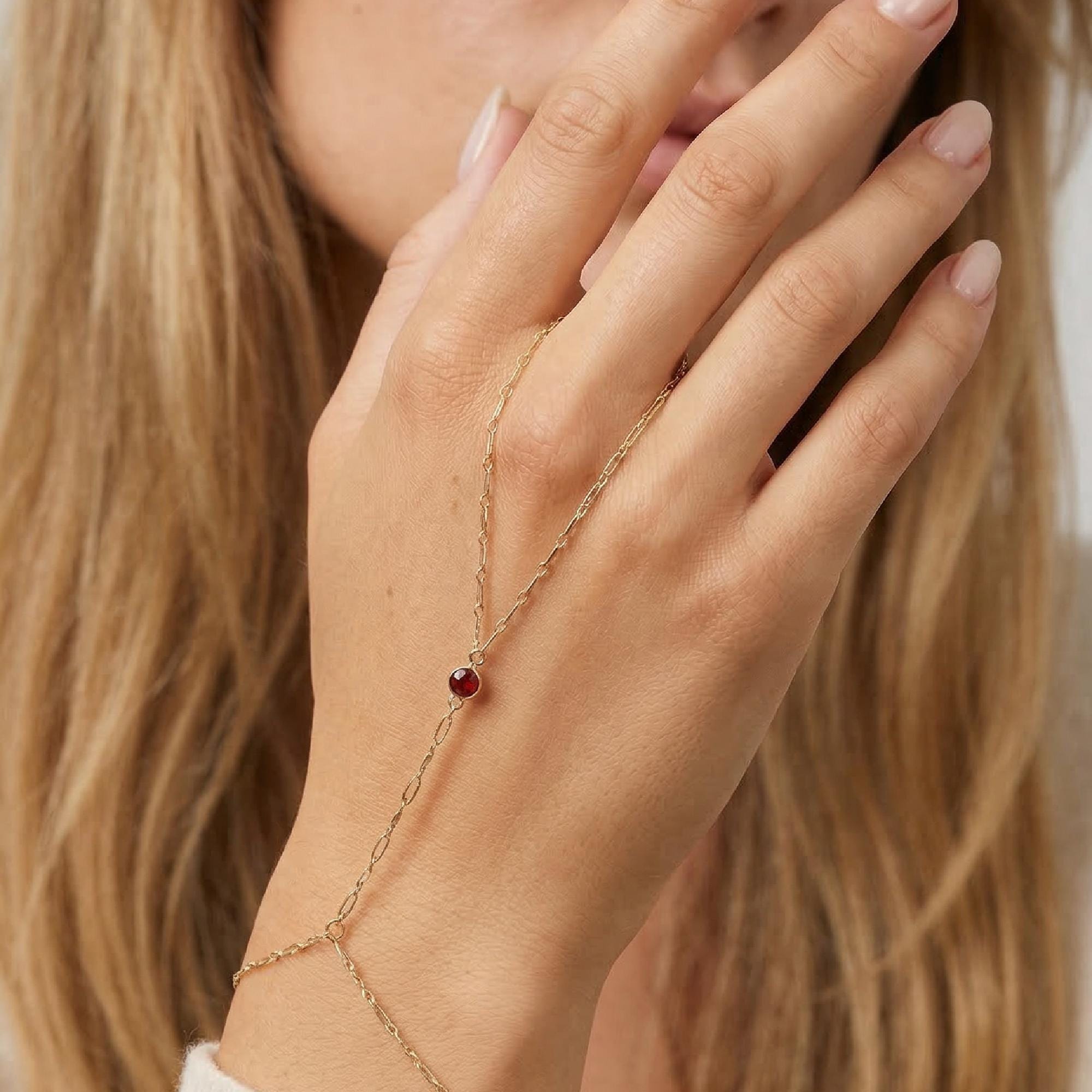 Gold Slave Bracelet, Garnet Hand Chain Bracelet - Melt'm Jewelry