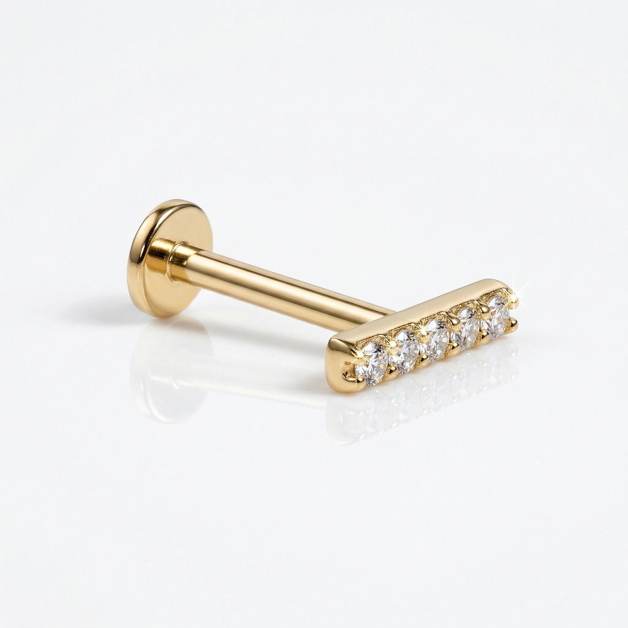 14k Solid Gold CZ Bar Flat Back Earrings, Internally Threaded Earrings Studs (SINGLE or PAIR) - Melt'm Jewelry