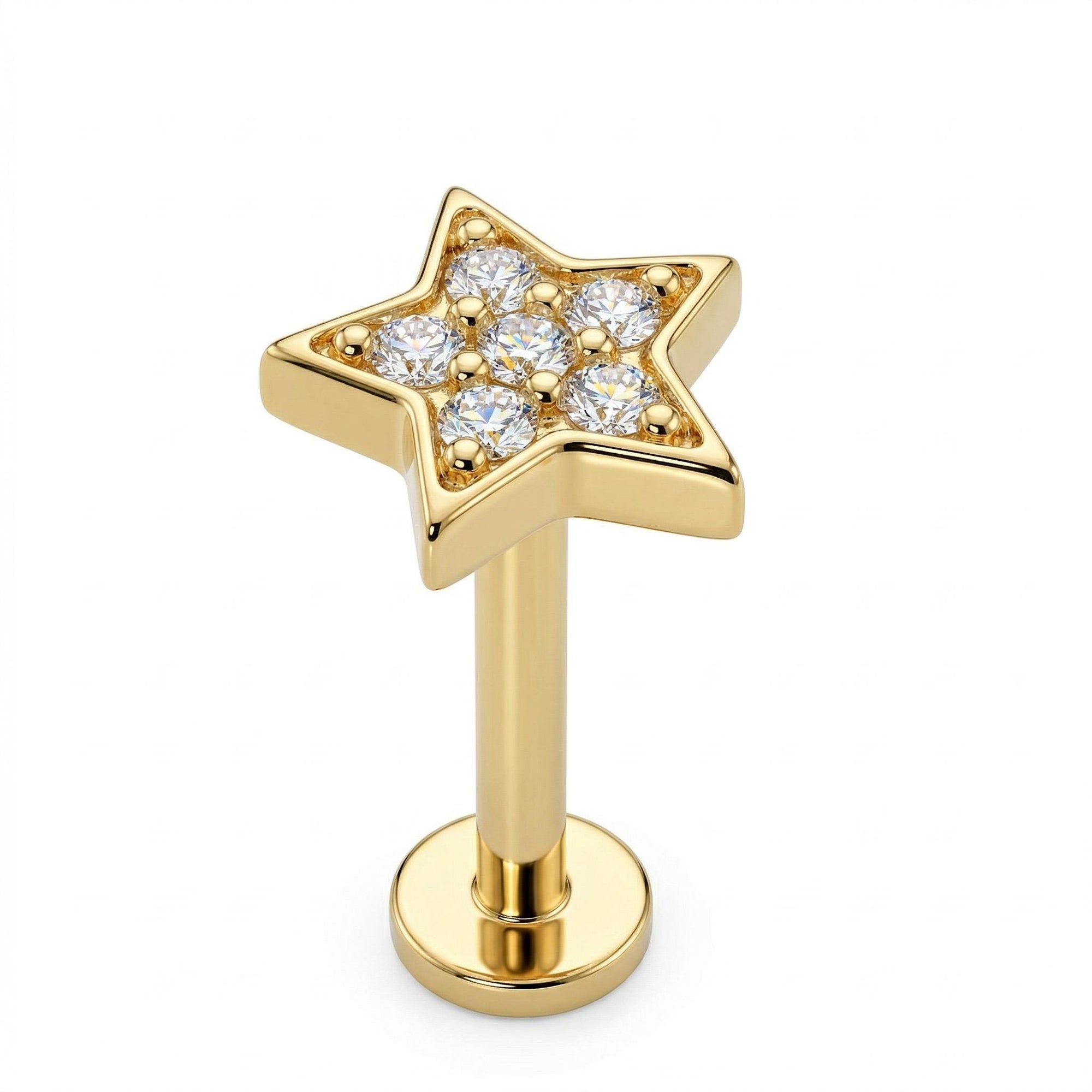 Cz Star Earring 14k Solid Gold, Internally Threaded Flat Back Earring - Melt'm Jewelry